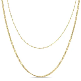 14k Gold Square Bead & XS Curb Chain Layered Necklace