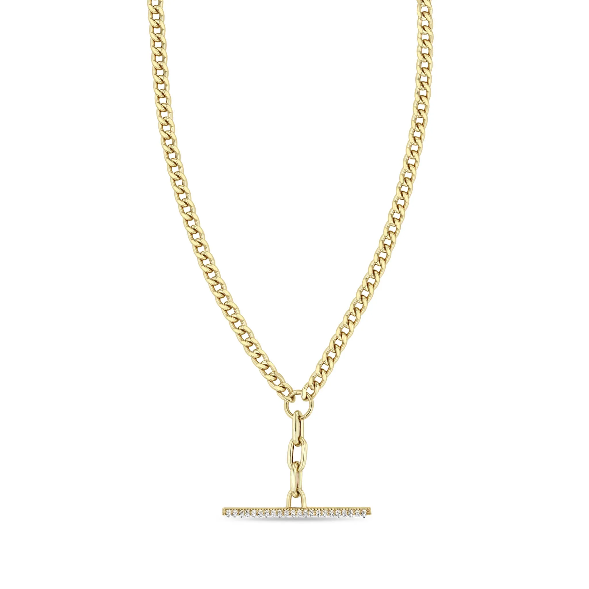 14k Mixed Small Curb & Medium Square Oval Chain Pavé Diamond Toggle Lariat Necklace