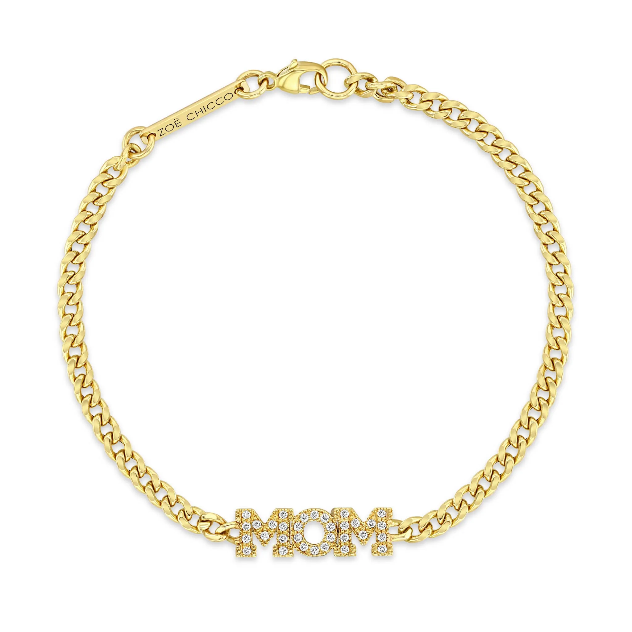 14k Pavé Diamond MOM Small Curb Chain Bracelet