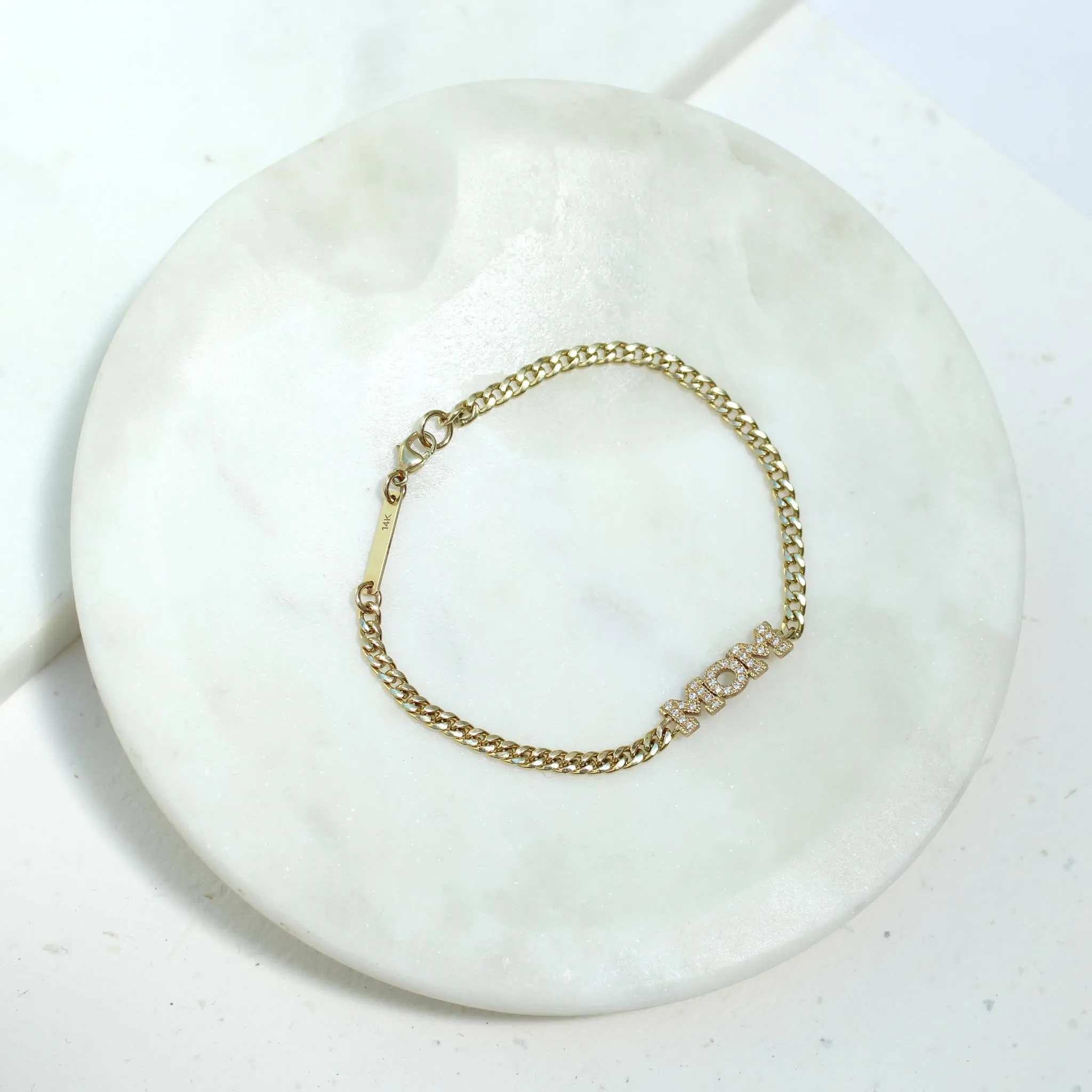 14k Pavé Diamond MOM Small Curb Chain Bracelet