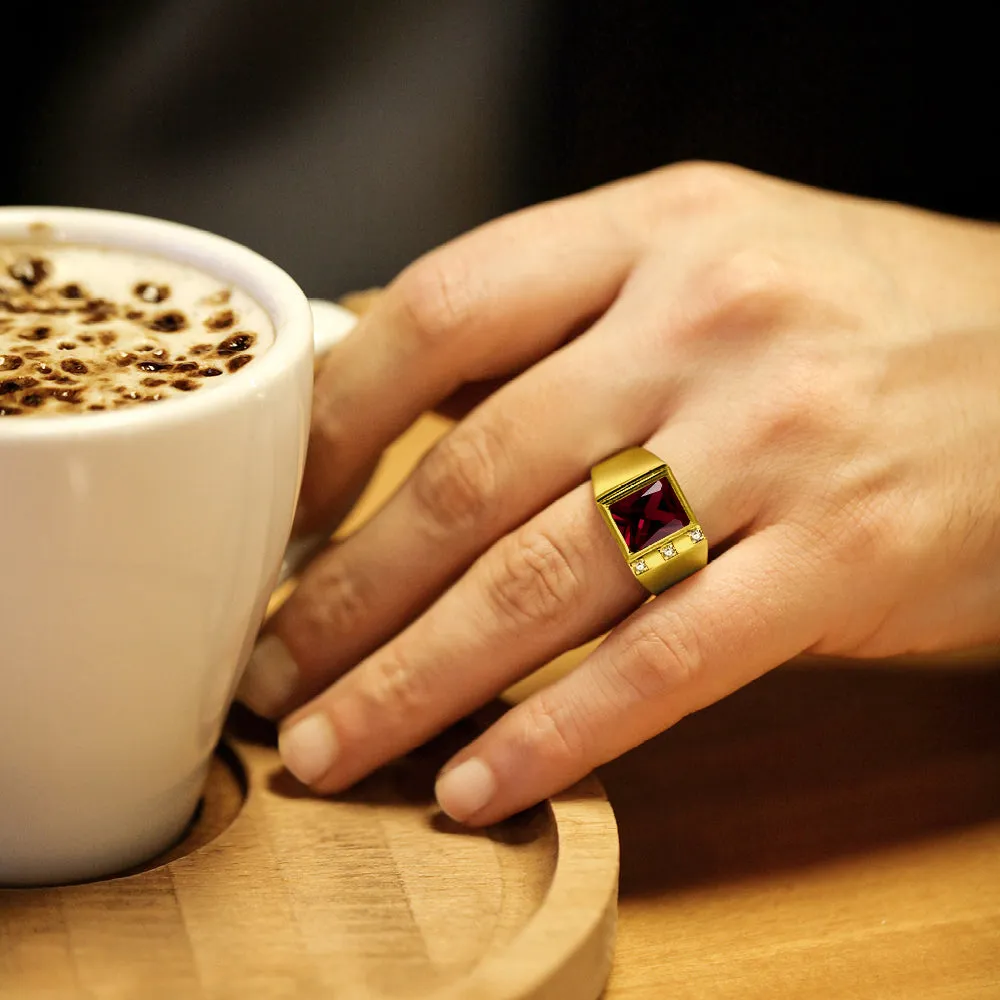 18K Real Yellow Fine Gold Red Ruby Mens Ring with 3 Natural Diamonds Accents