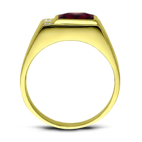 18K Real Yellow Fine Gold Red Ruby Mens Ring with 3 Natural Diamonds Accents