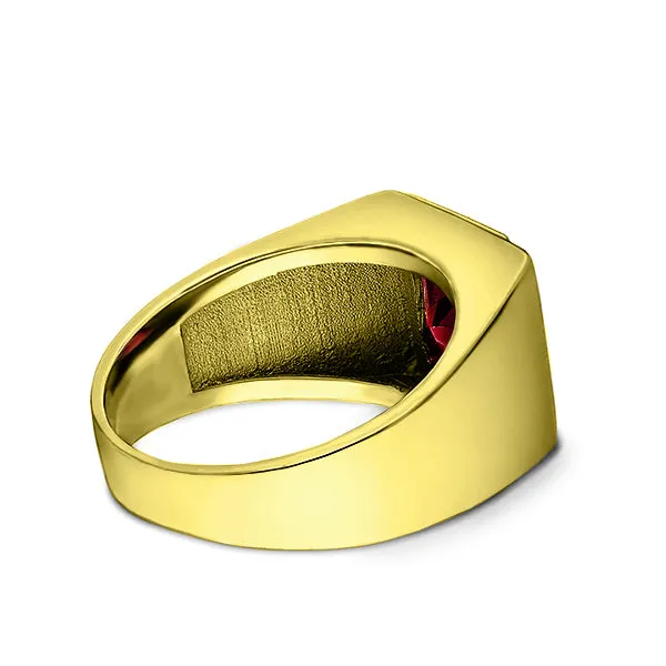 18K Real Yellow Fine Gold Red Ruby Mens Ring with 3 Natural Diamonds Accents