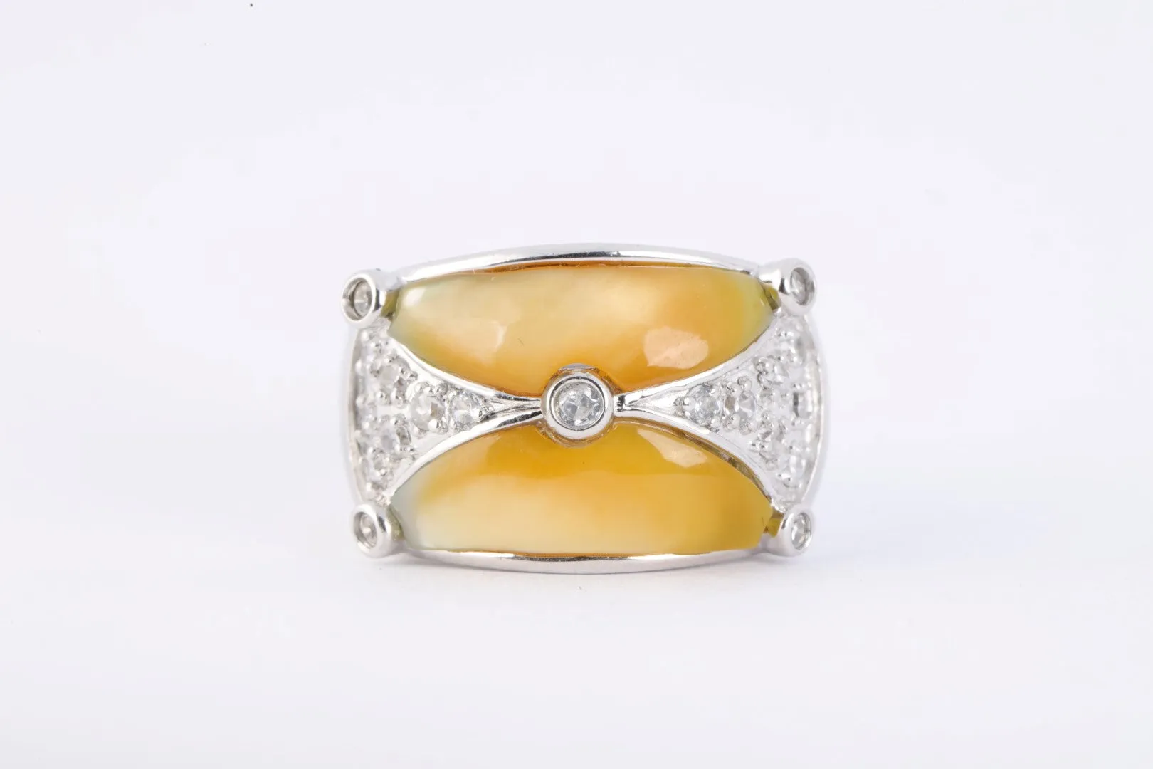 925 Silver 0.31tcw White Stone Orange Enamel Ring Size 6.75 (7.85g.)