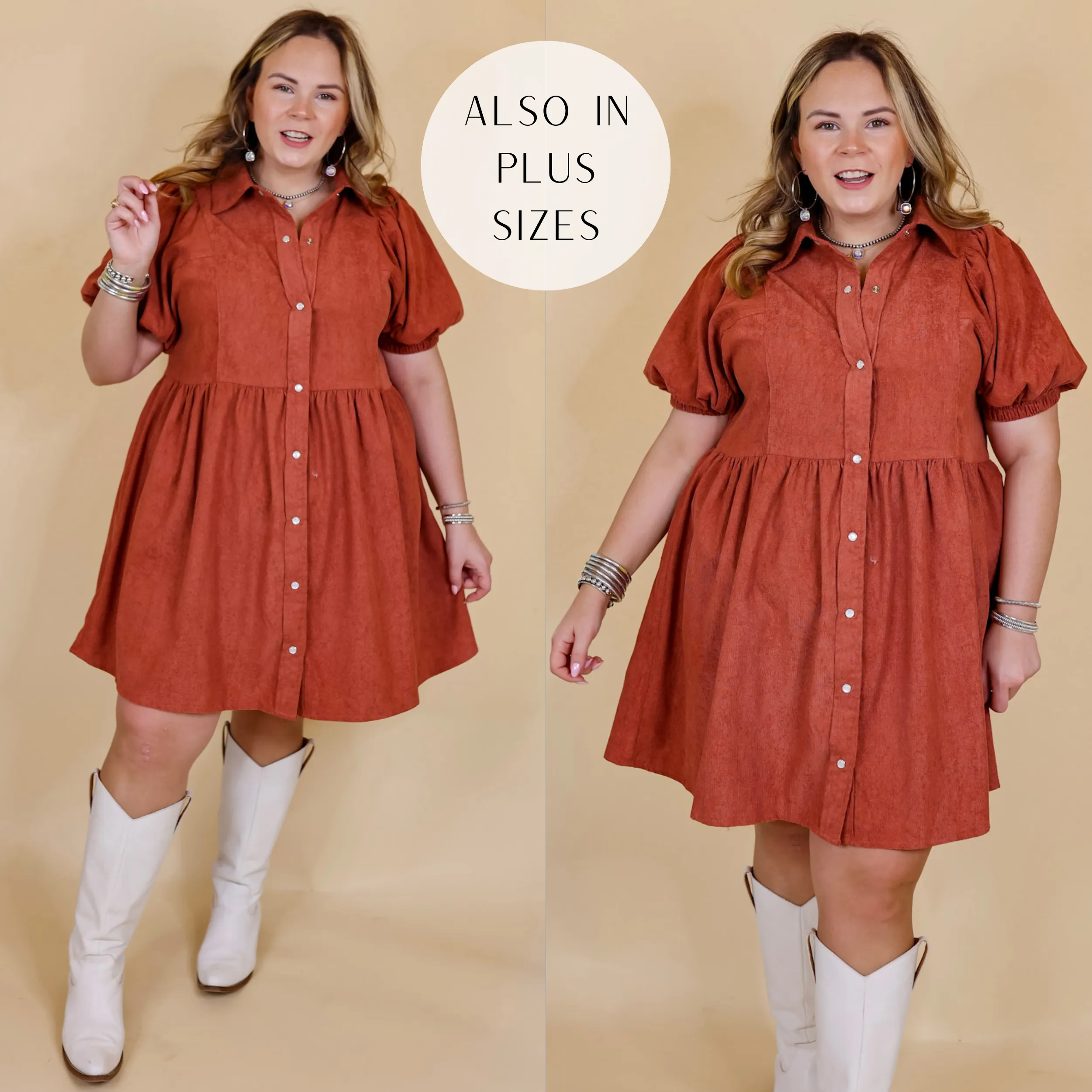 Adventures Ahead Button Up Corduroy Babydoll Dress in Terracotta