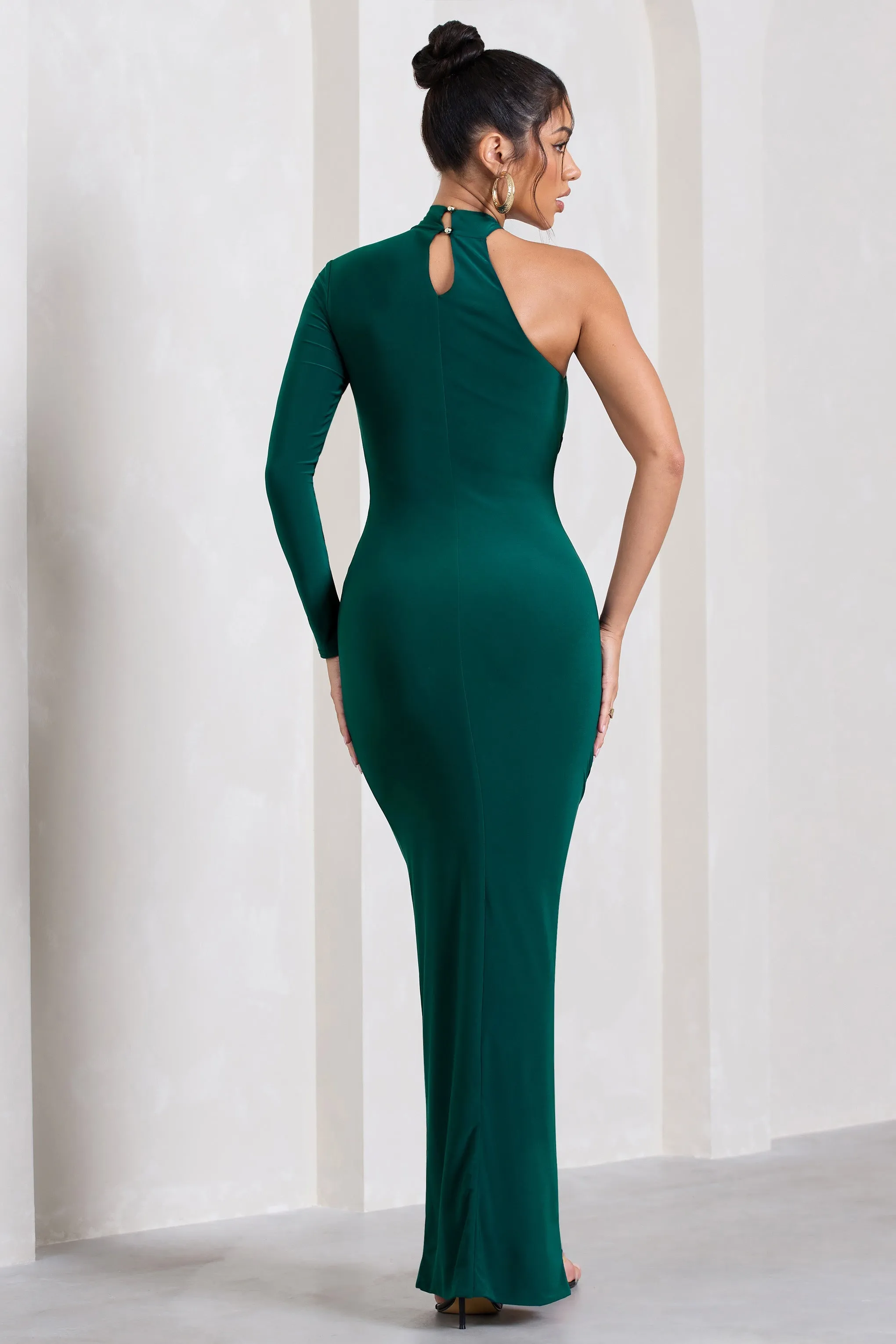 Alina | Bottle Green Ruched High-Neck Asymmetric Split Maxi Dress