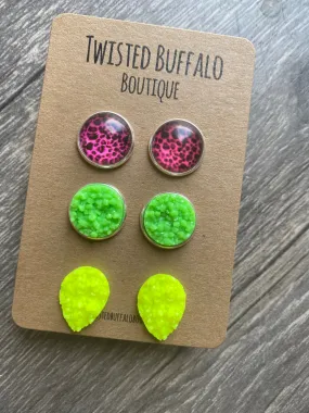 Berlin {ROUND} Pink Leopard, Neon Green   Neon Yellow Druzy 12mm Earrings Set