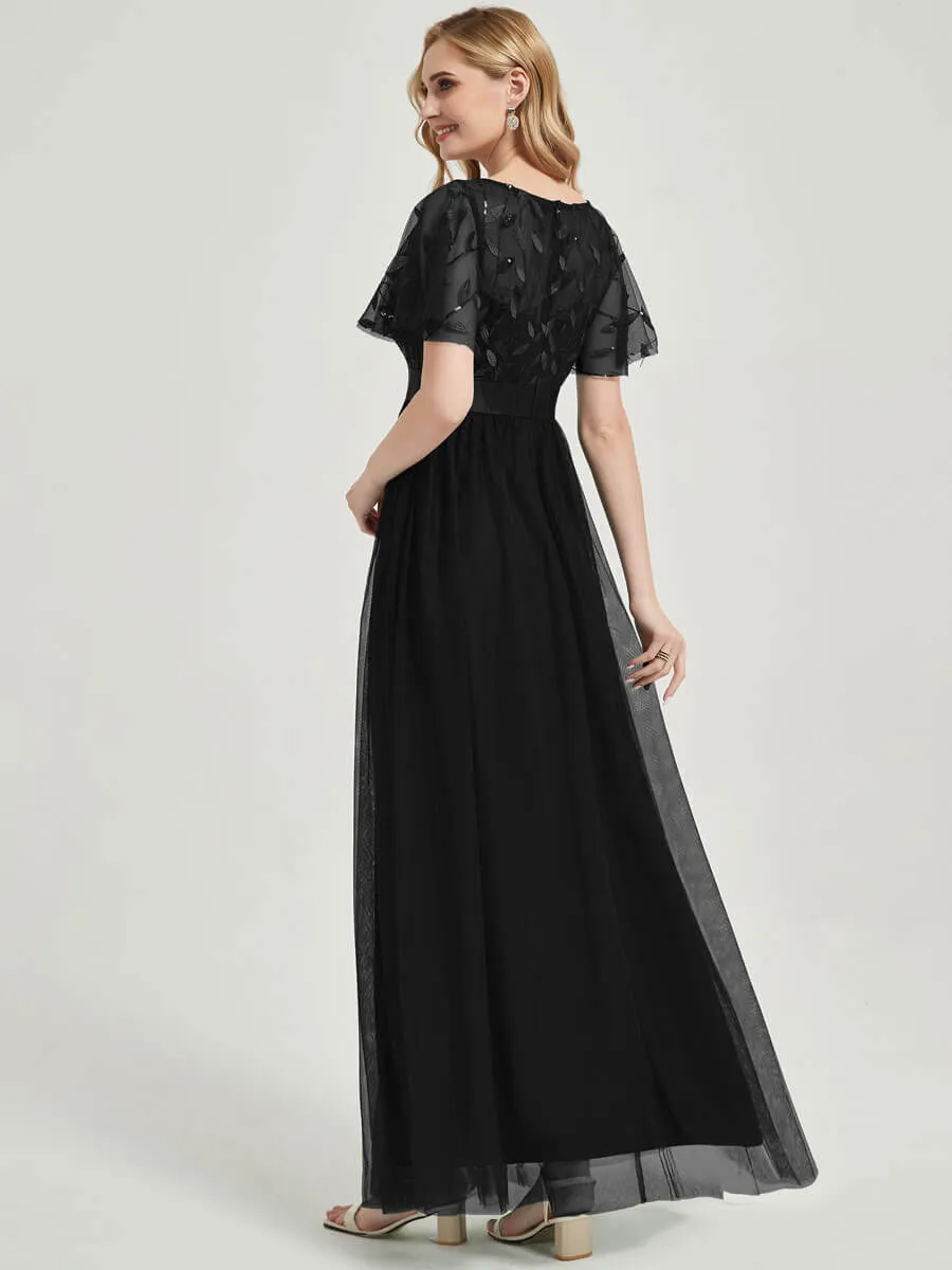 Black Sheer Sleeve A-Line Floor Length Sequin Formal Dress For Brides