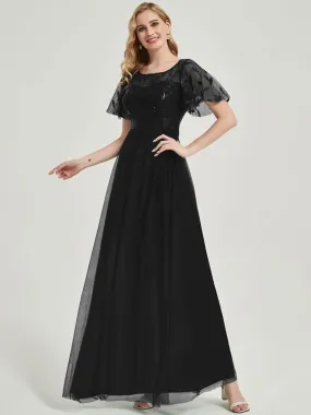 Black Sheer Sleeve A-Line Floor Length Sequin Formal Dress For Brides