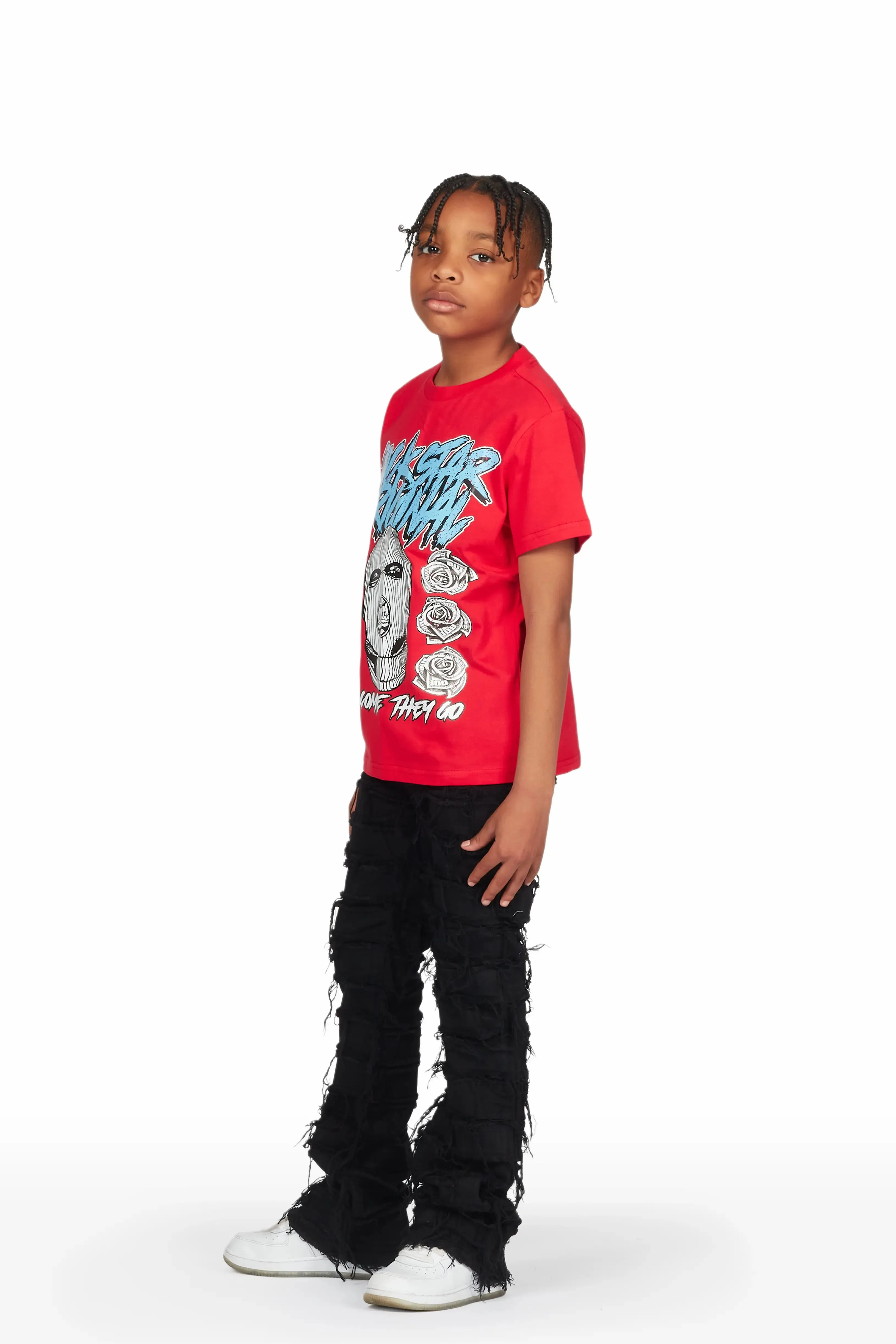 Boys Clava Red/Black T-Shirt/Stacked Flare Jean Set