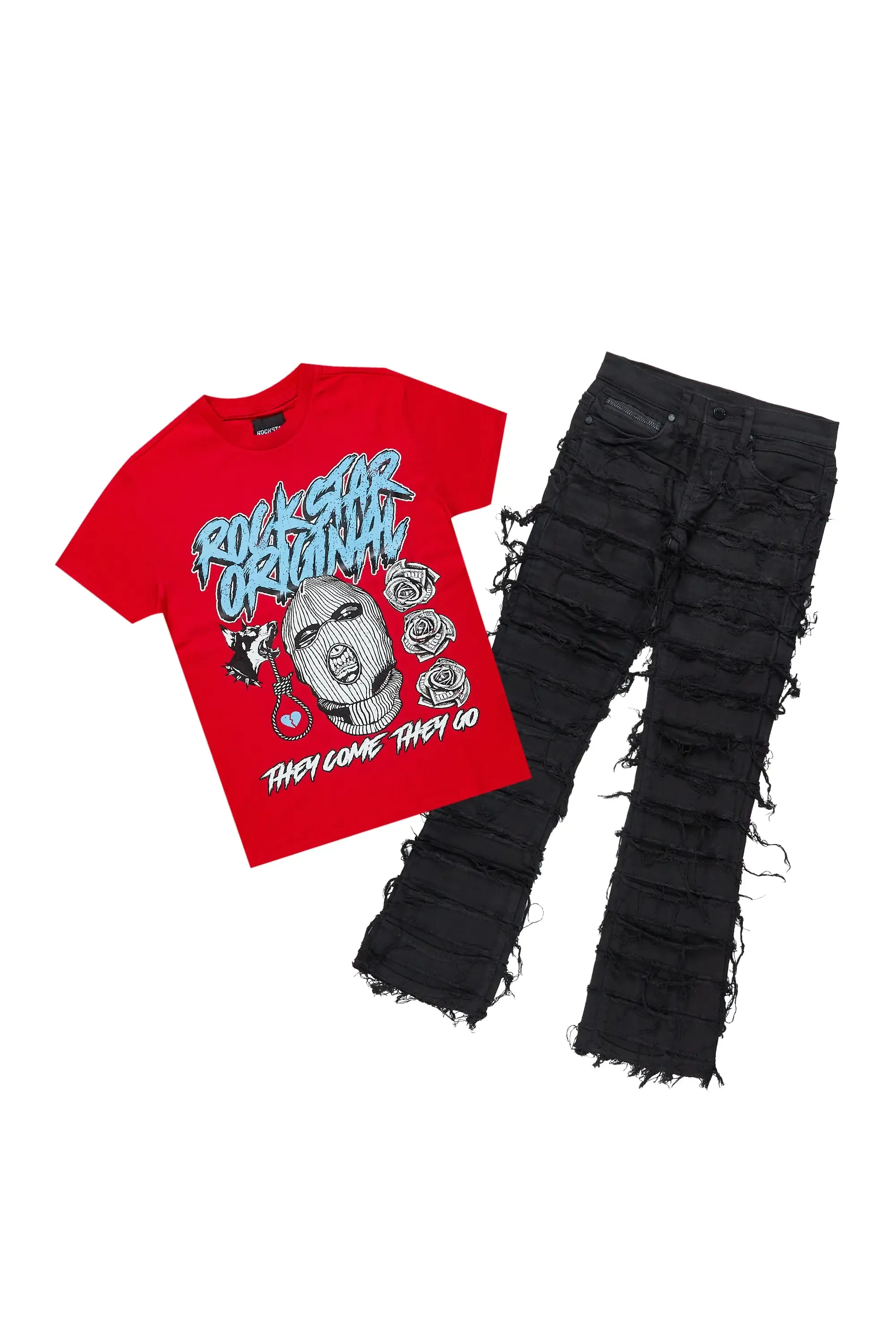 Boys Clava Red/Black T-Shirt/Stacked Flare Jean Set