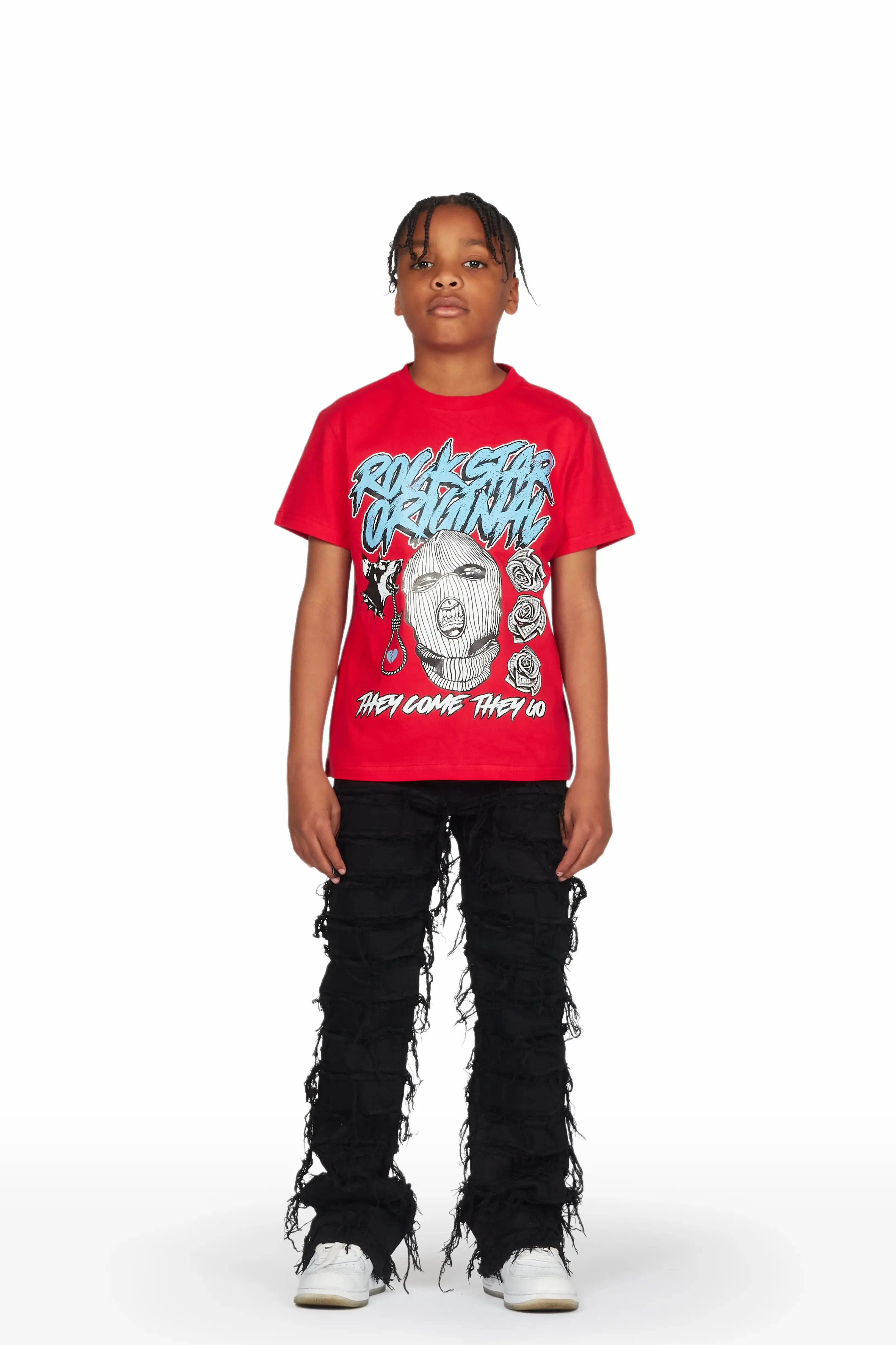 Boys Clava Red/Black T-Shirt/Stacked Flare Jean Set