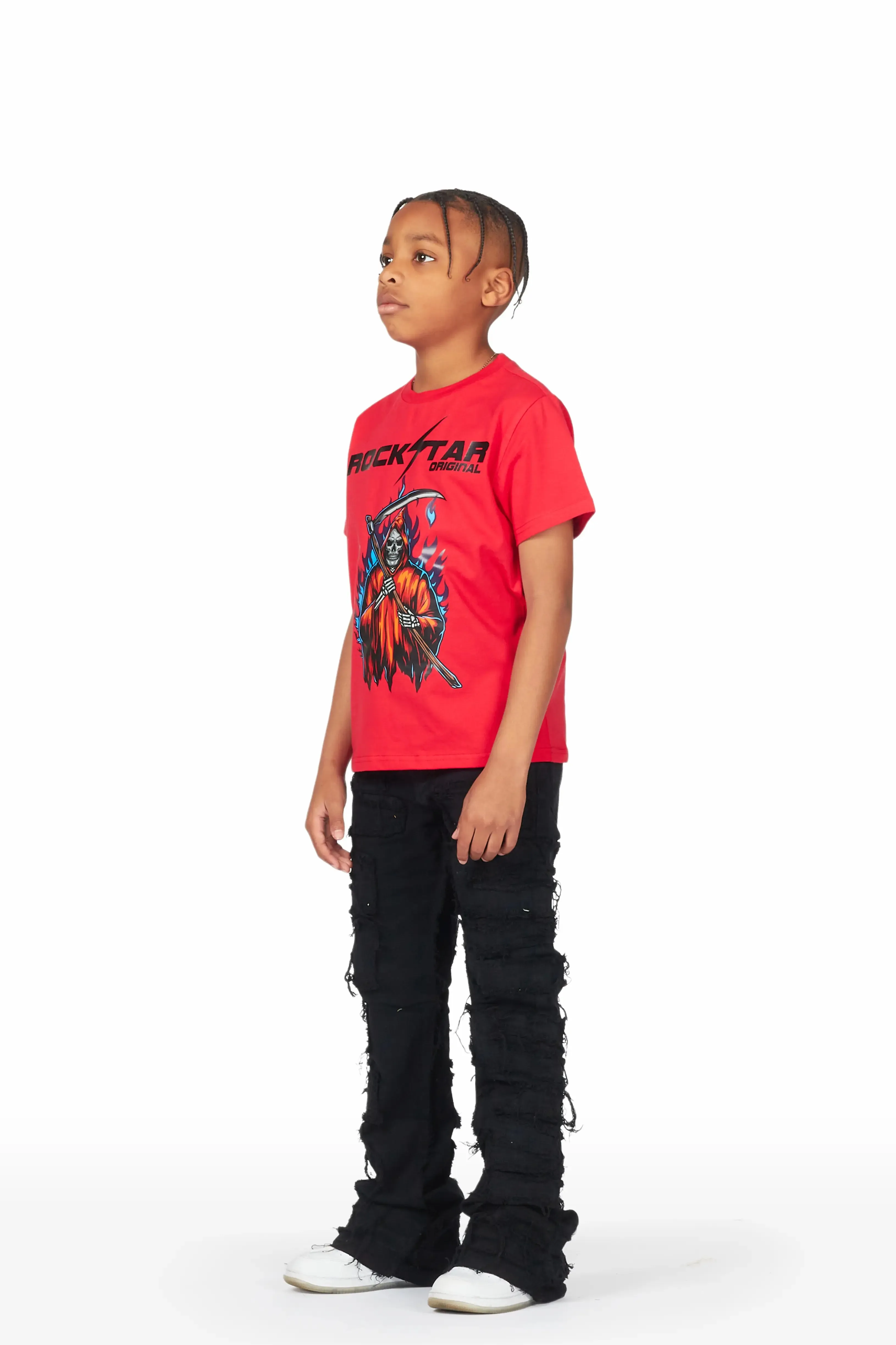 Boys Faber Red/Black T-Shirt/Stacked Flare Jean Set