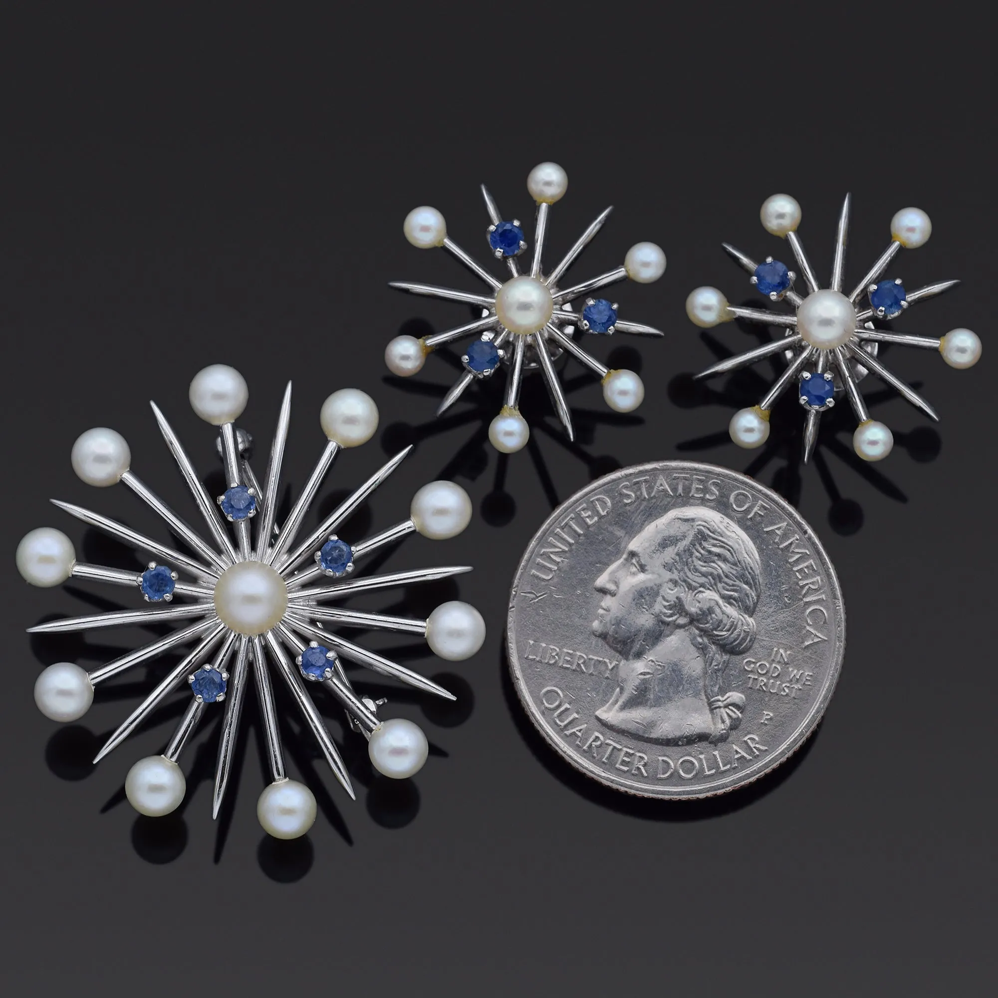 Church & Co. Pearl and Sapphire 14K White Gold Snowflake Earrings & Brooch Set