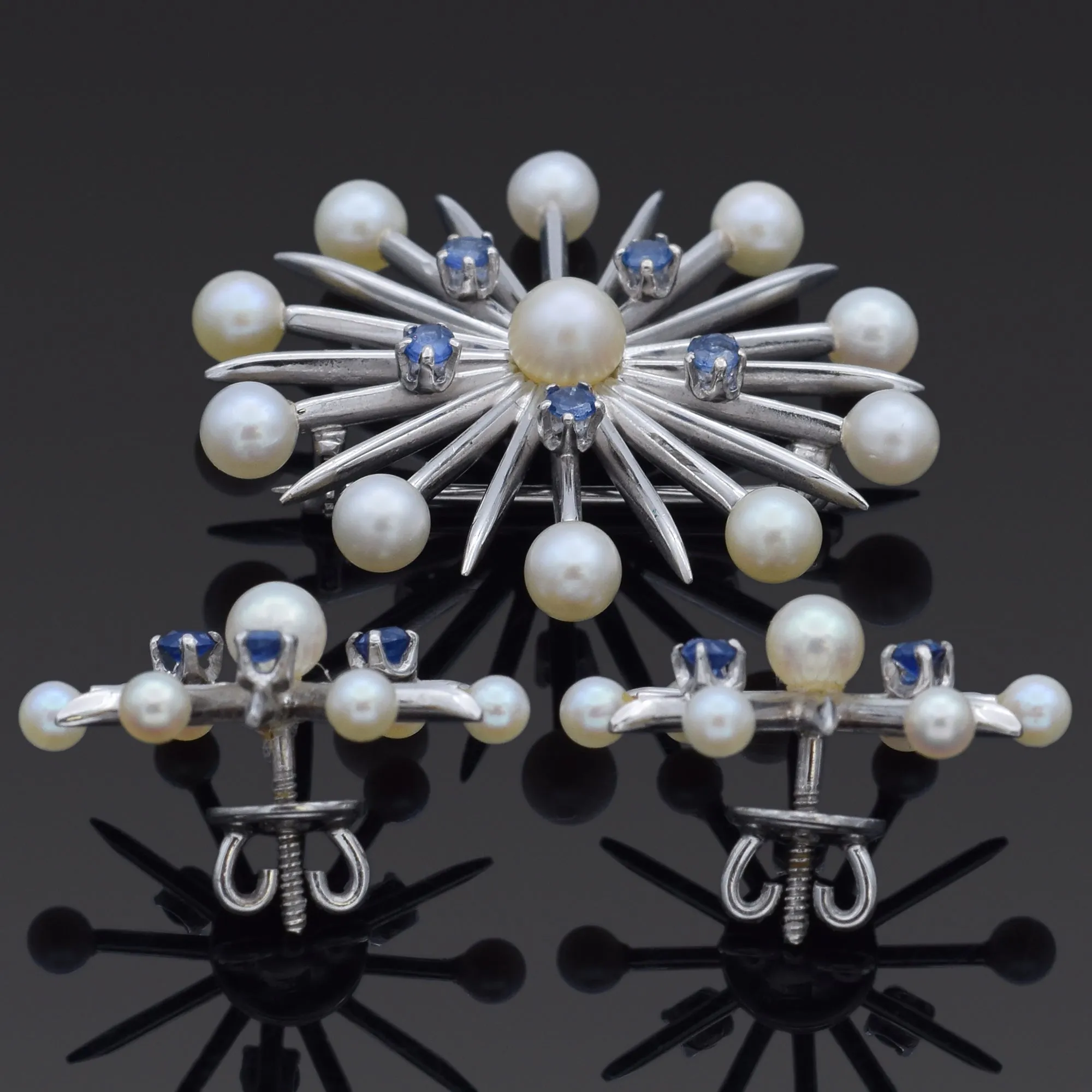 Church & Co. Pearl and Sapphire 14K White Gold Snowflake Earrings & Brooch Set