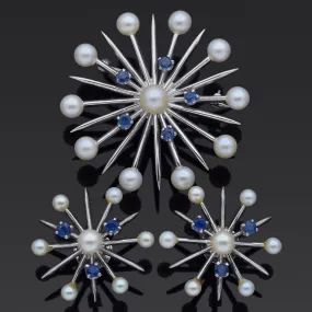 Church & Co. Pearl and Sapphire 14K White Gold Snowflake Earrings & Brooch Set