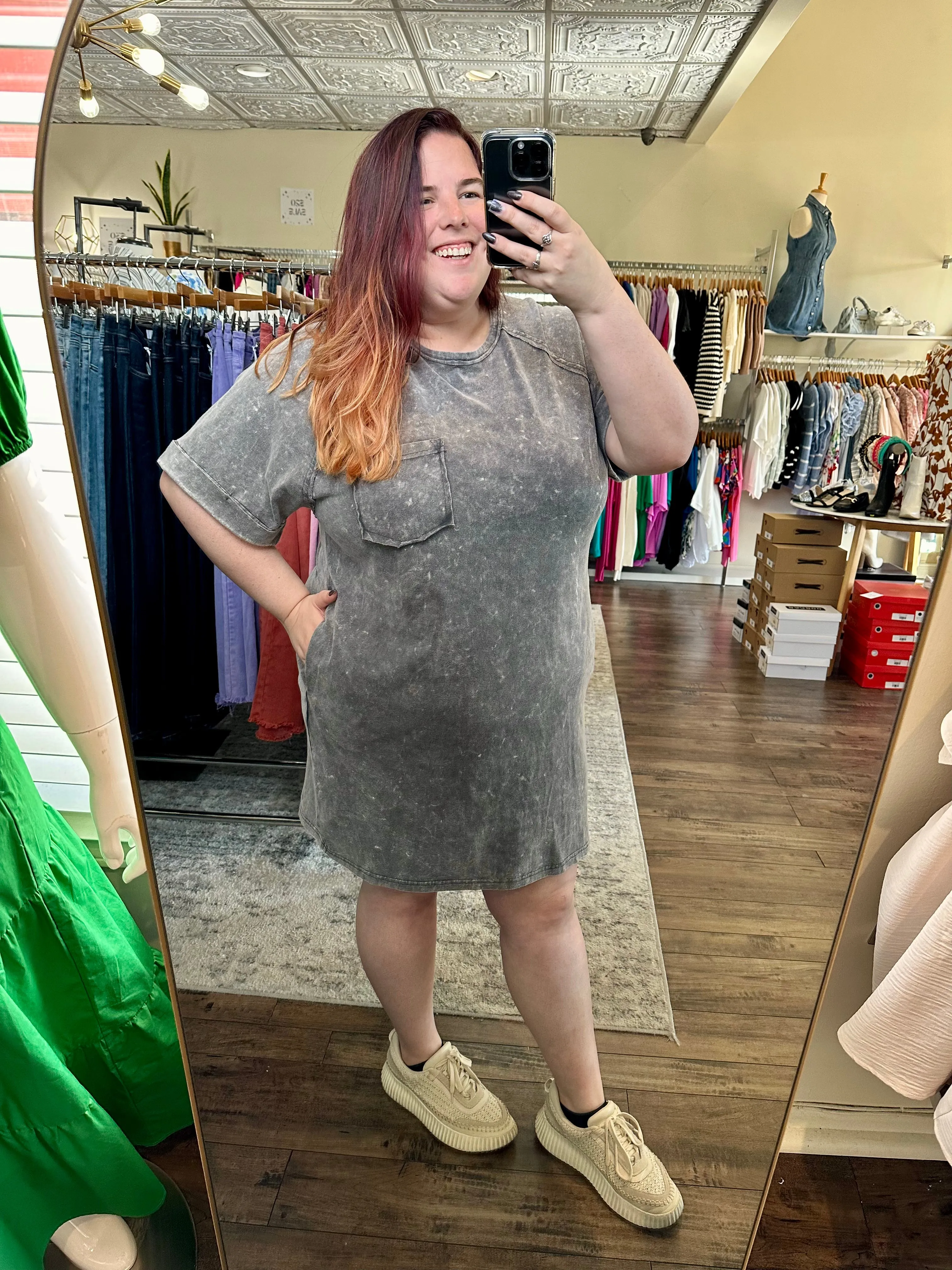 Curvy Charcoal Acid Wash T-Shirt Dress