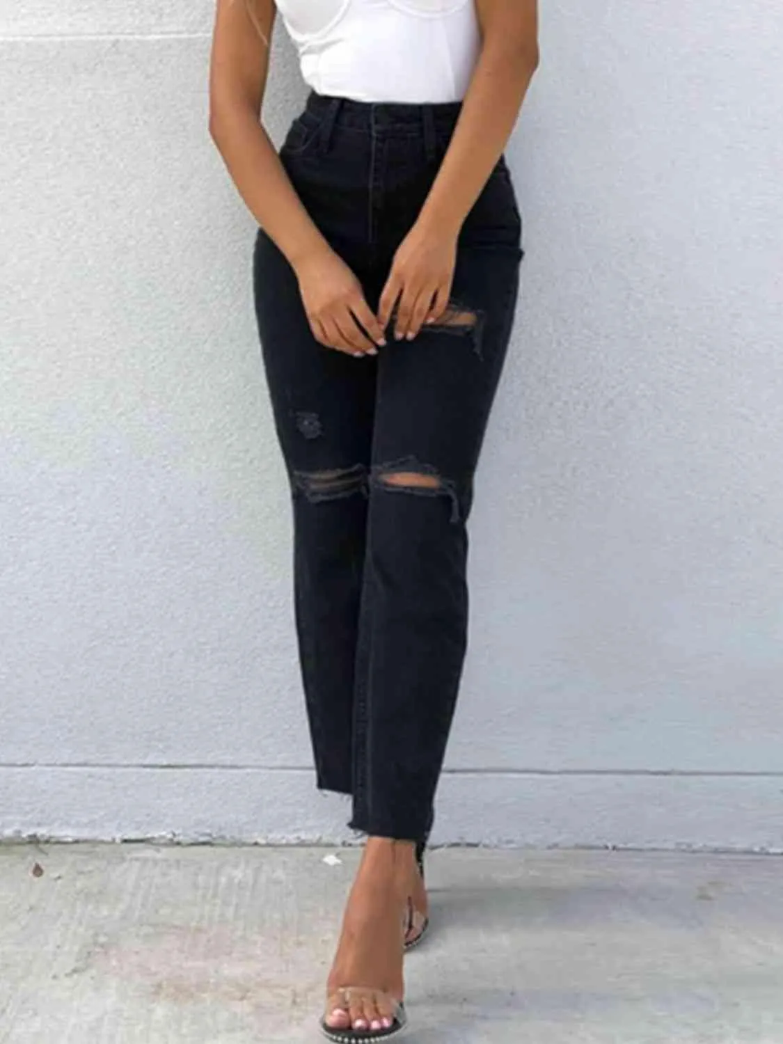 Distressed High Waist Straight Jeans