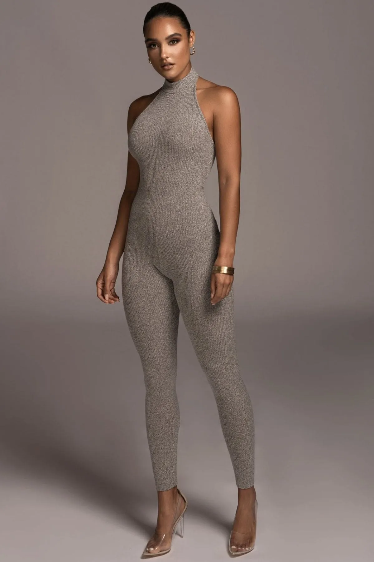 Grey Backless Halter Jumpsuit