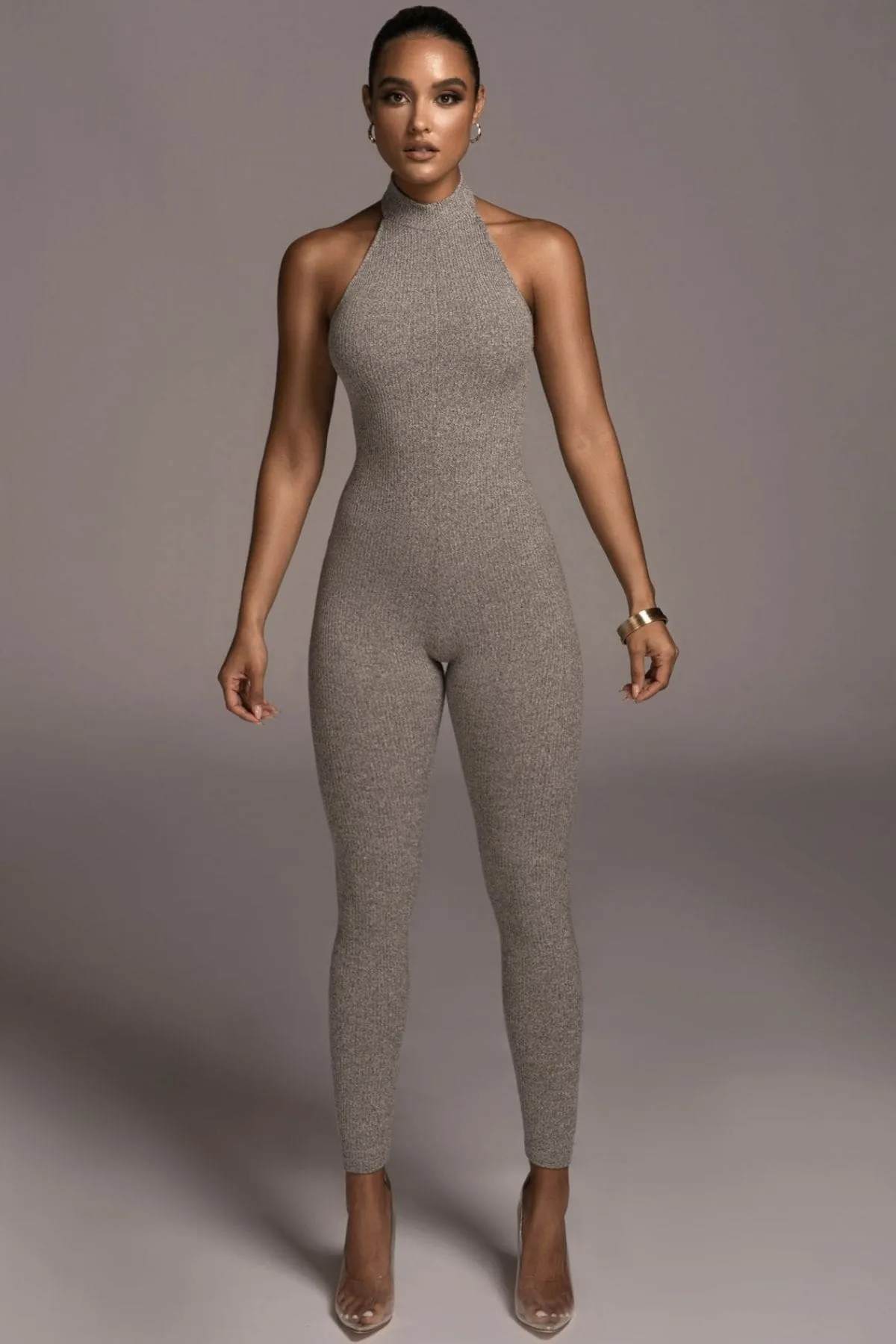 Grey Backless Halter Jumpsuit