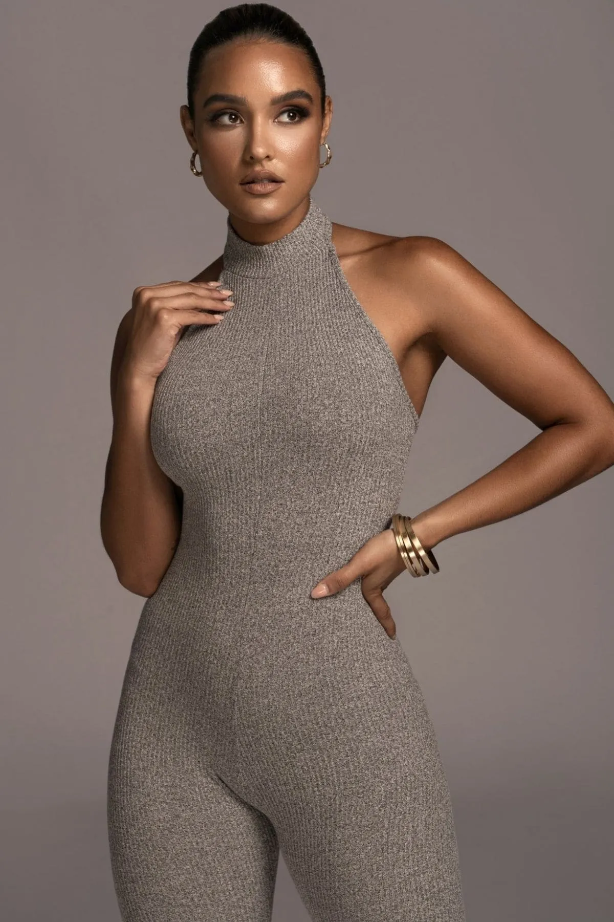 Grey Backless Halter Jumpsuit