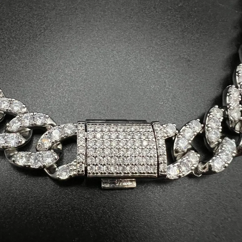 Hip hop 14mm new full diamond box buckle Cuban chain   Bracelet Set