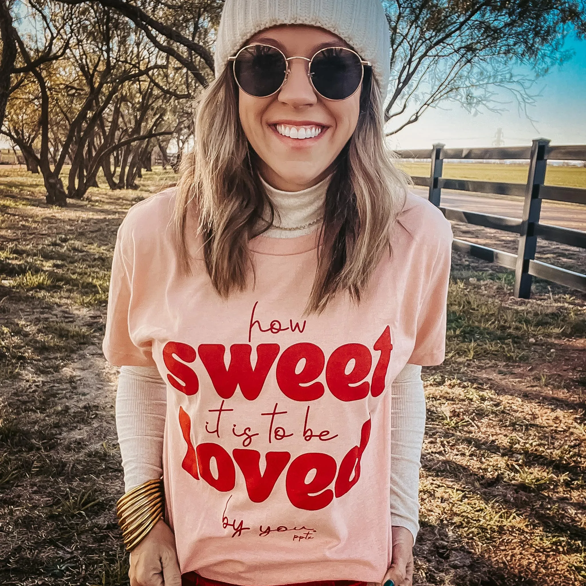 {HOW SWEET IS IS TO BE LOVED BY YOU} Peach Crew Neck Tee