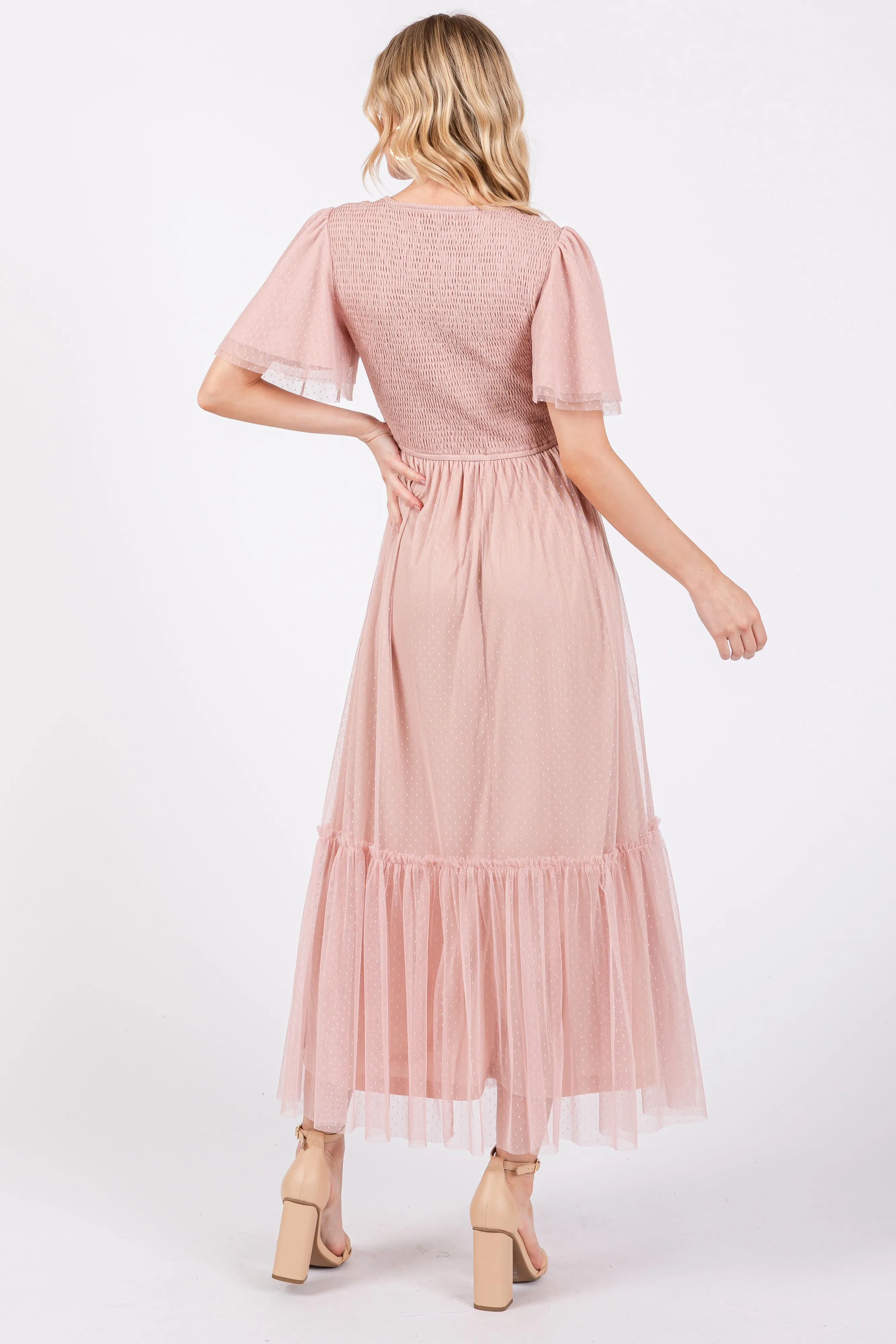 Light Pink Mesh Smocked Midi Dress