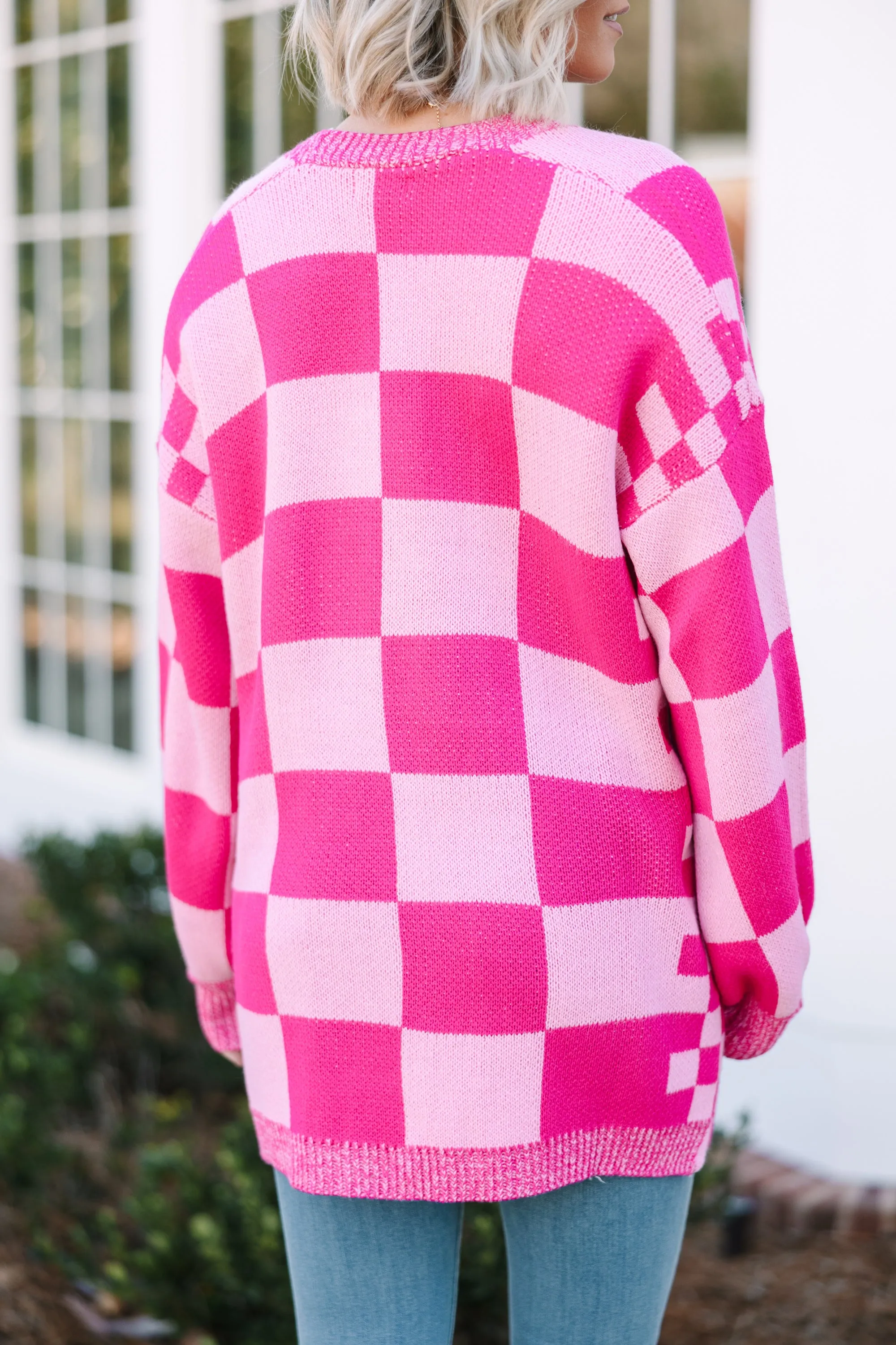 Make Your Day Hot Pink Checkered Cardigan