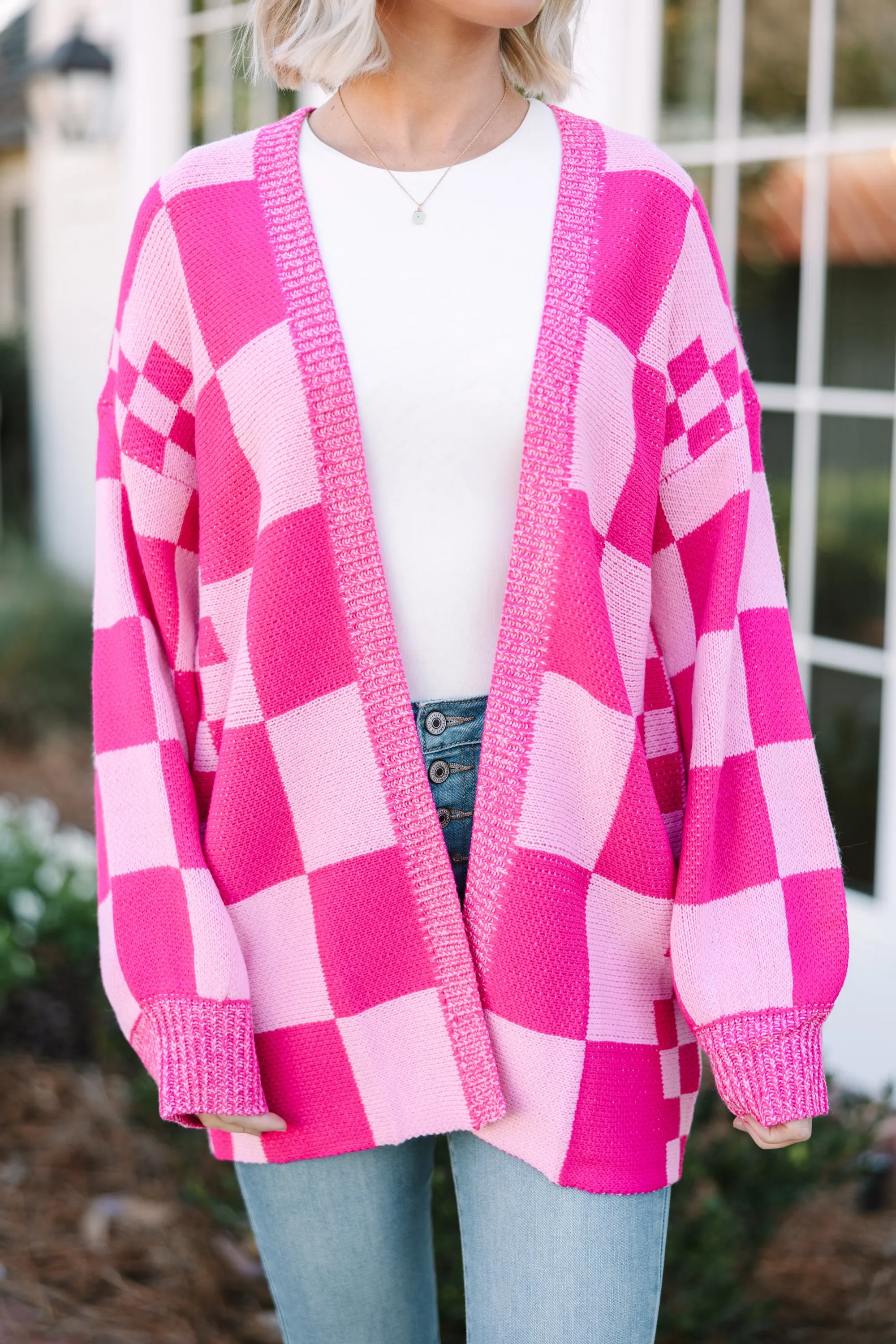 Make Your Day Hot Pink Checkered Cardigan