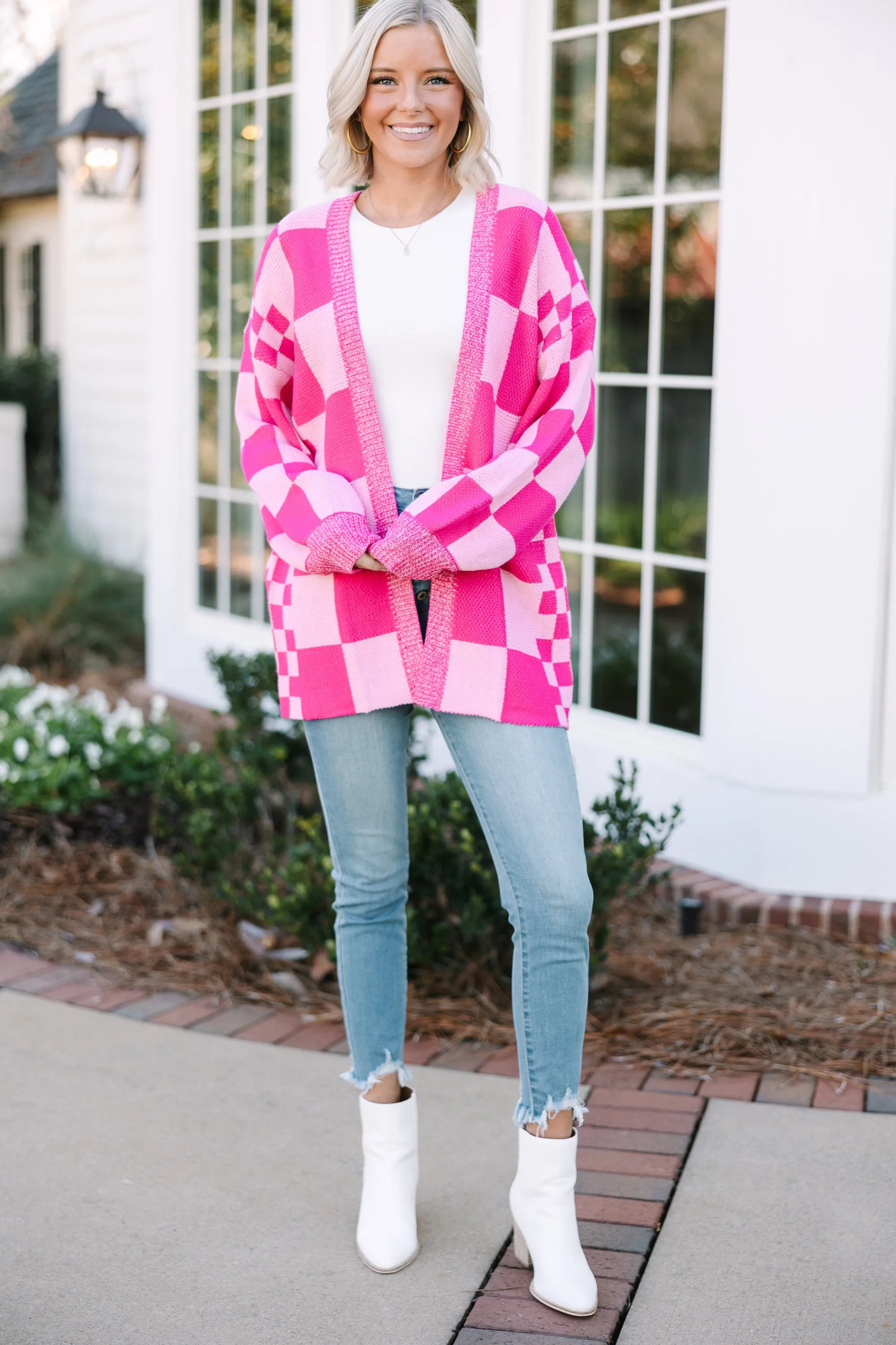 Make Your Day Hot Pink Checkered Cardigan