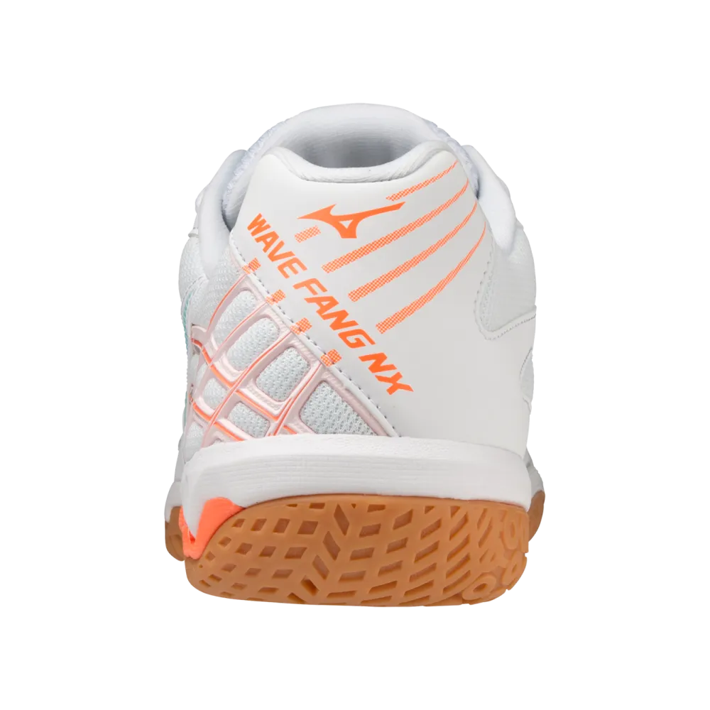 Mizuno Wave Fang NX Badminton Shoes | White/Tanager Turquoise/Light Orange