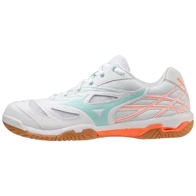 Mizuno Wave Fang NX Badminton Shoes | White/Tanager Turquoise/Light Orange