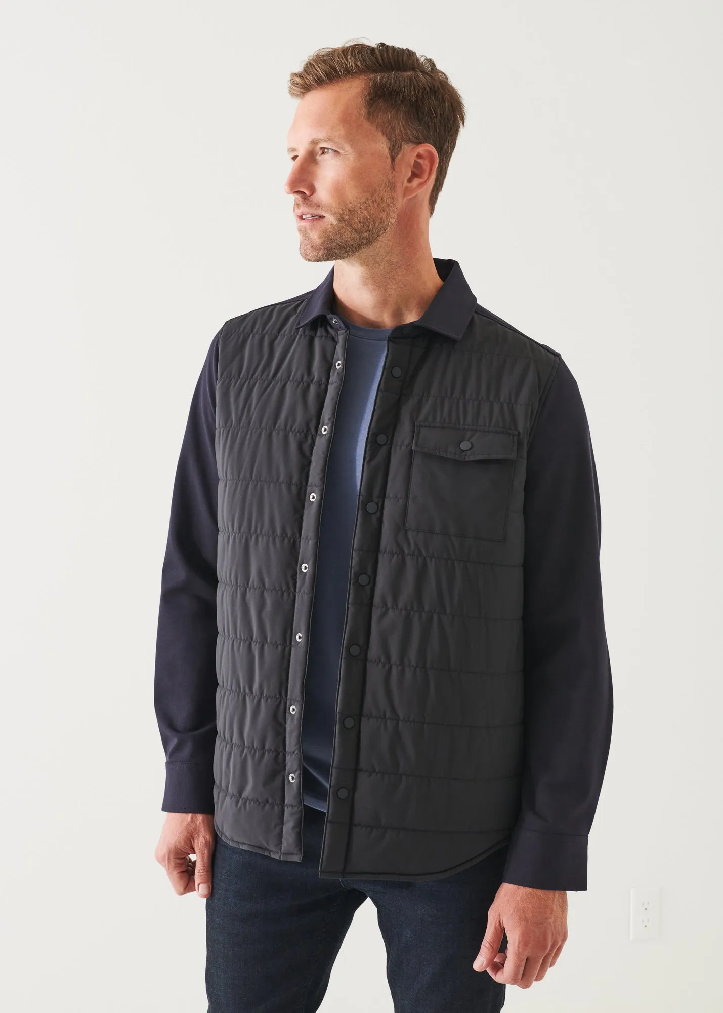 NYLON QUILTED MIX MEDIA SHIRT JACKET