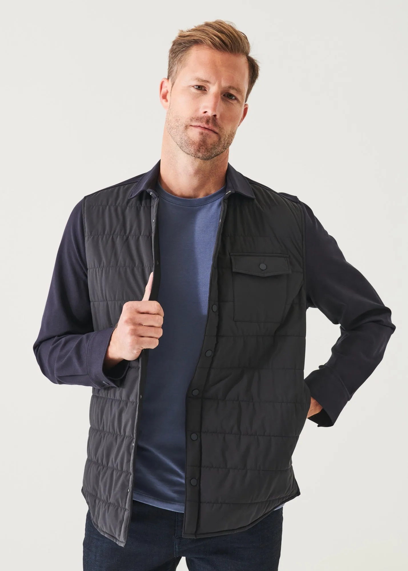 NYLON QUILTED MIX MEDIA SHIRT JACKET