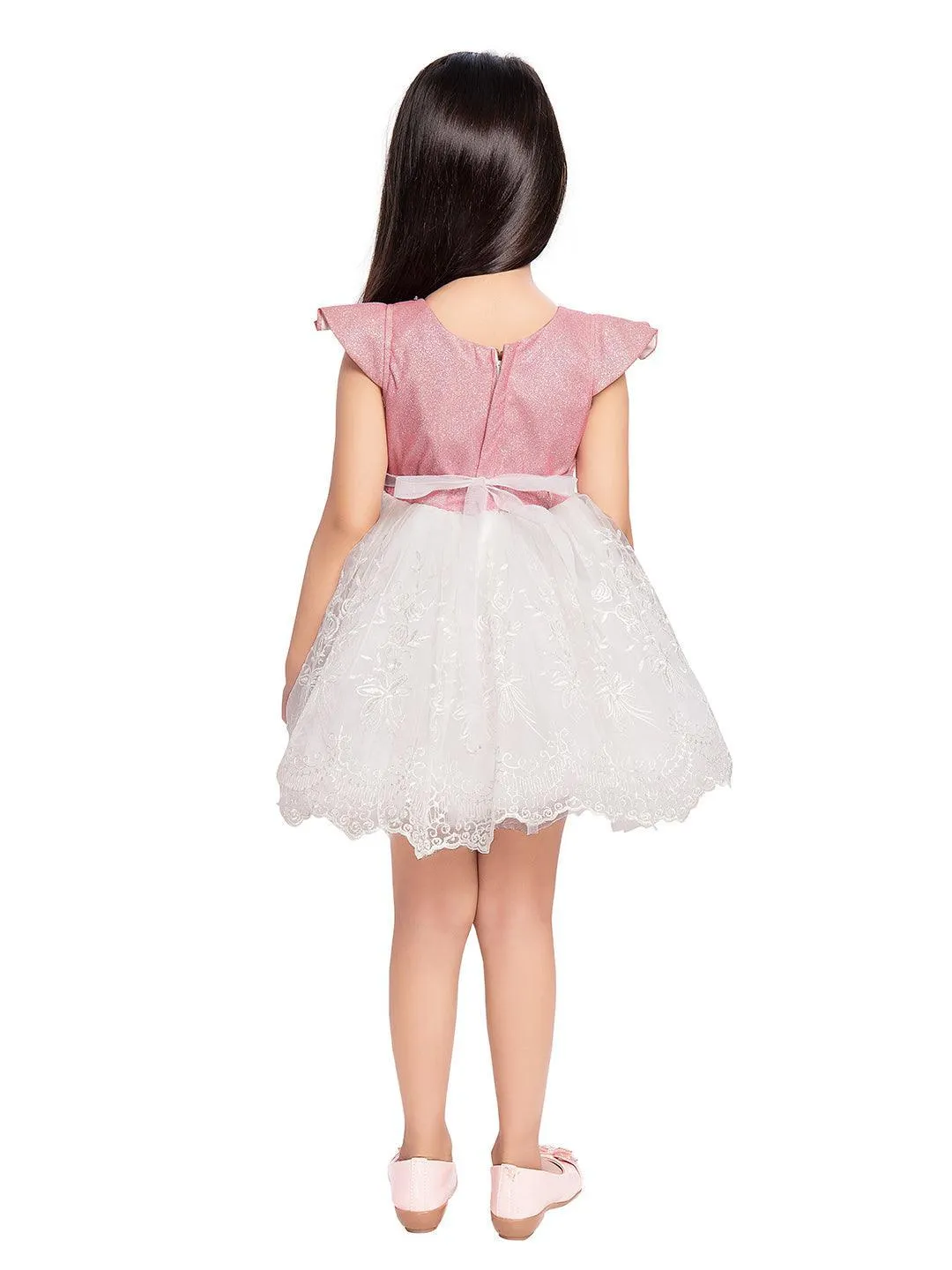 Pink & White Imported Net Simple Design Party Wear Frock For Girls