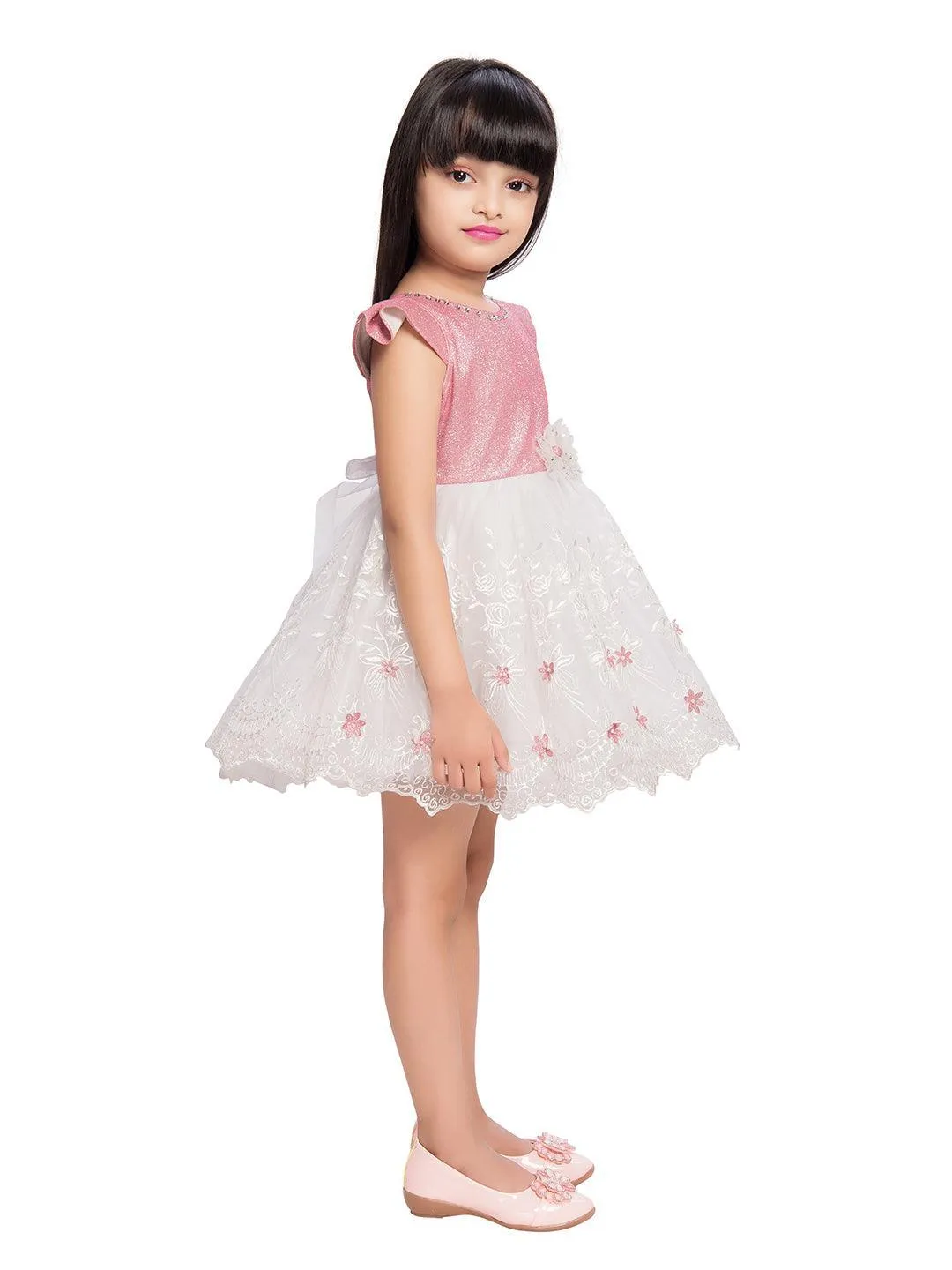 Pink & White Imported Net Simple Design Party Wear Frock For Girls