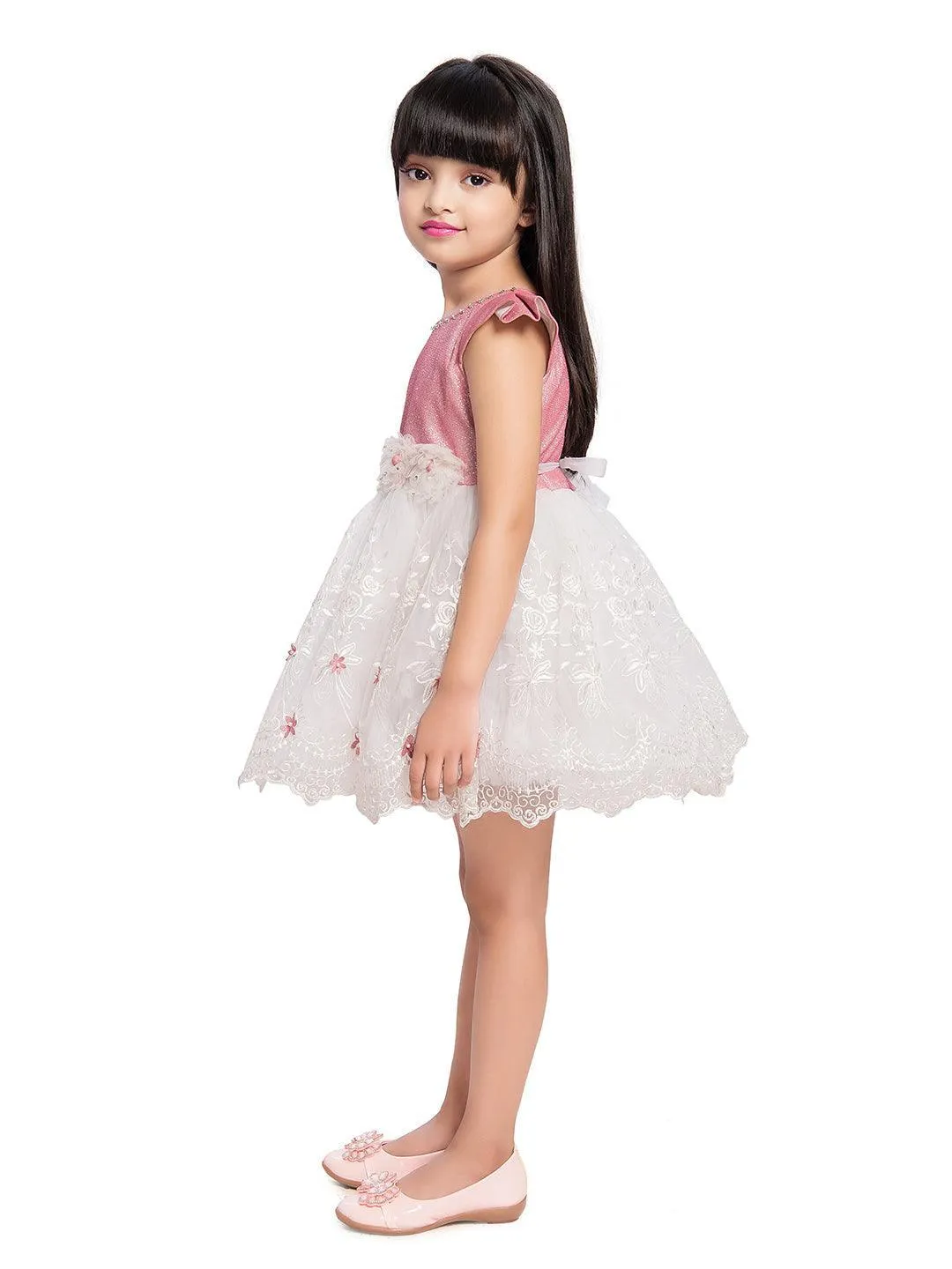 Pink & White Imported Net Simple Design Party Wear Frock For Girls