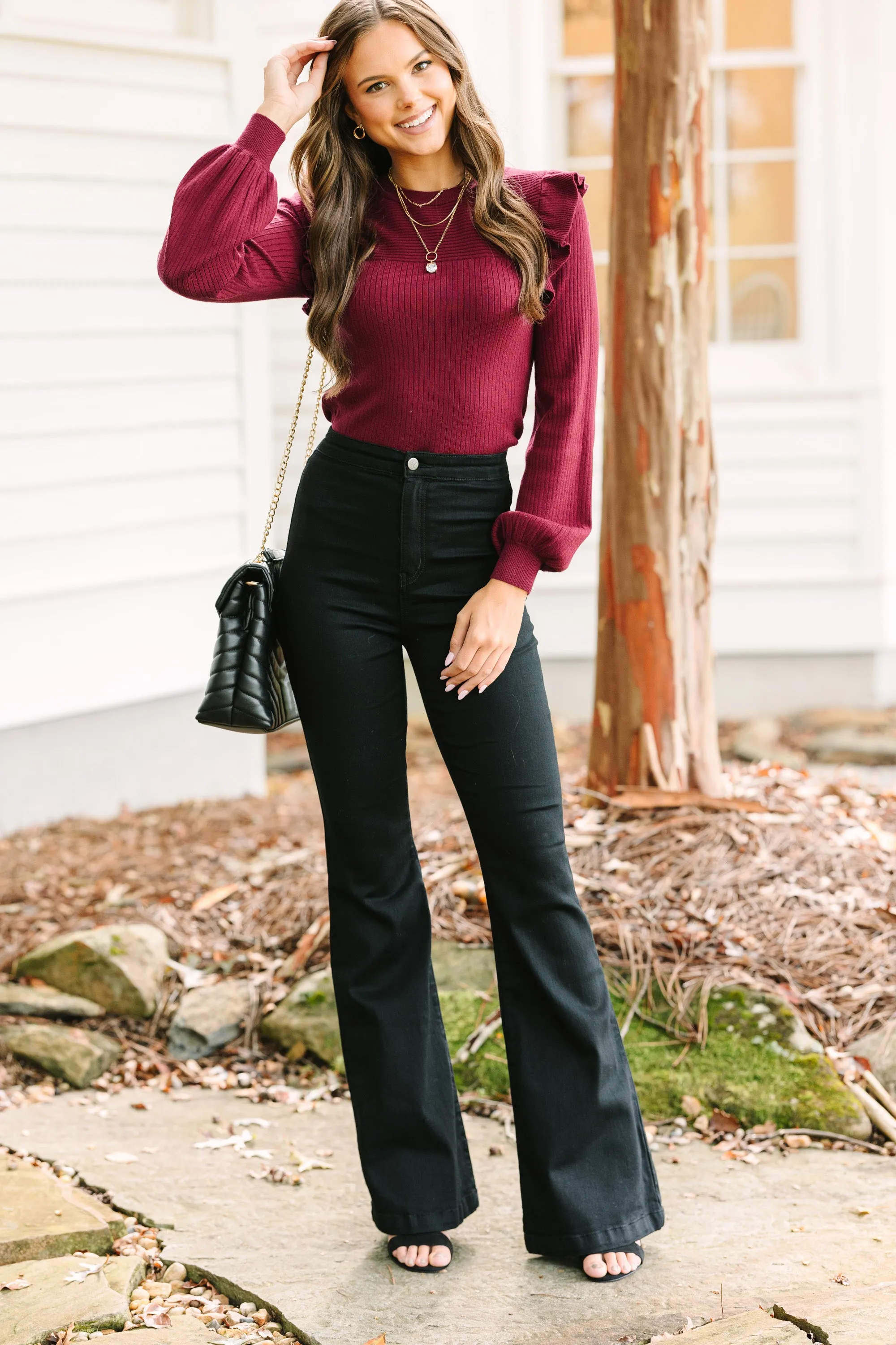 Reach Out Wine Red Ruffled Sweater