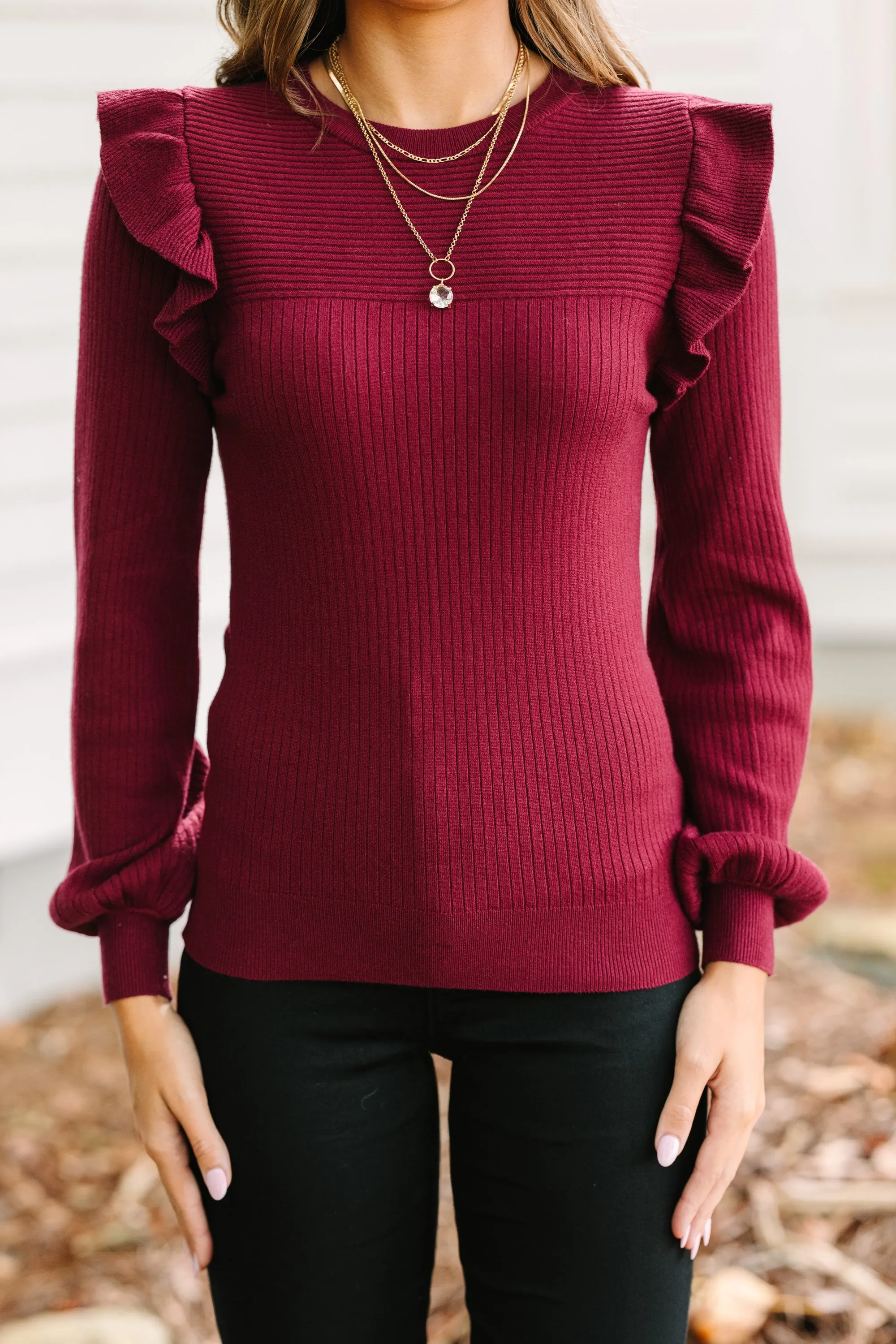 Reach Out Wine Red Ruffled Sweater