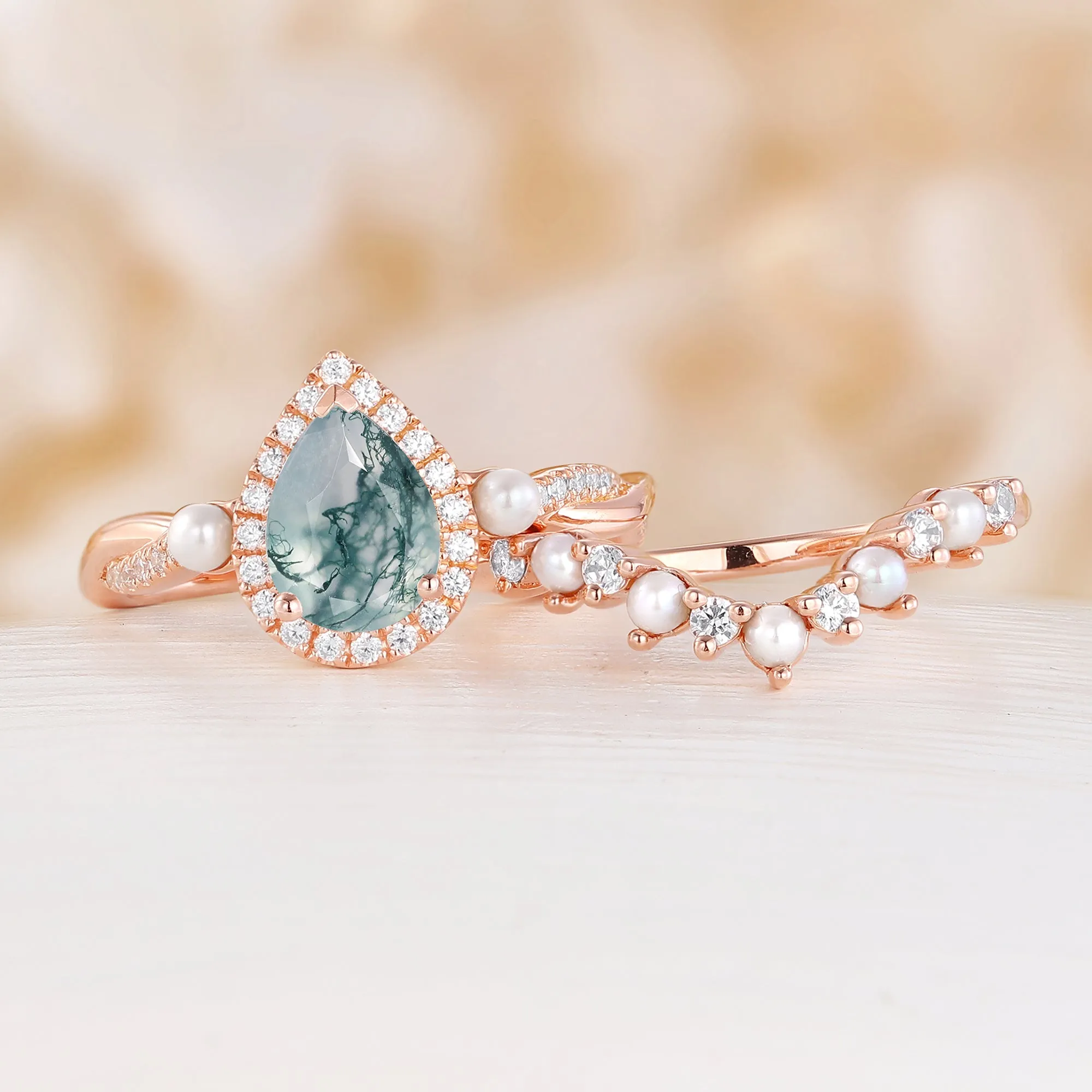 Rose Gold Moss Agate Engagement Ring Set Pearl Matching Band