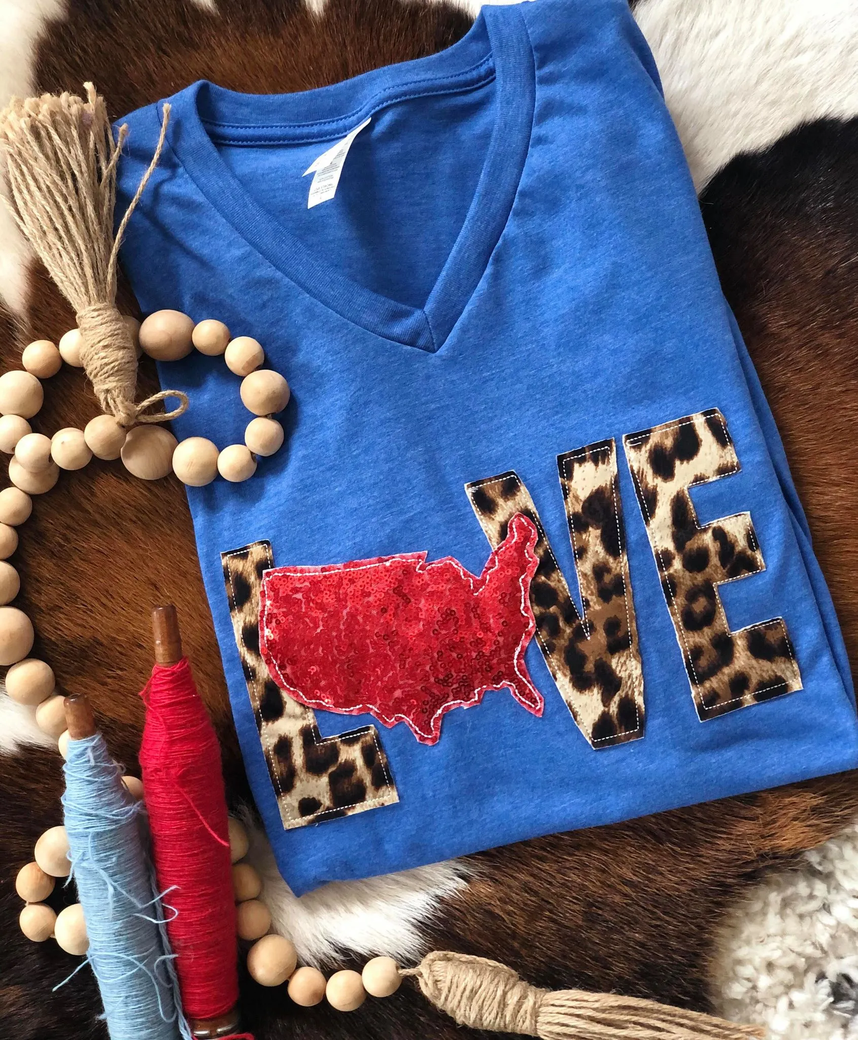 Royal Blue {LOVE:  AMERICA} Leopard   Red Sequins V-Neck Tee