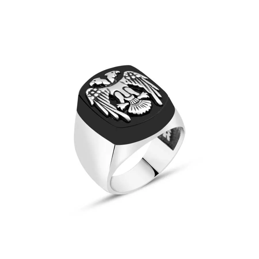 Seljuk Eagle on Rectangle Onyx Stone Silver Men's Ring