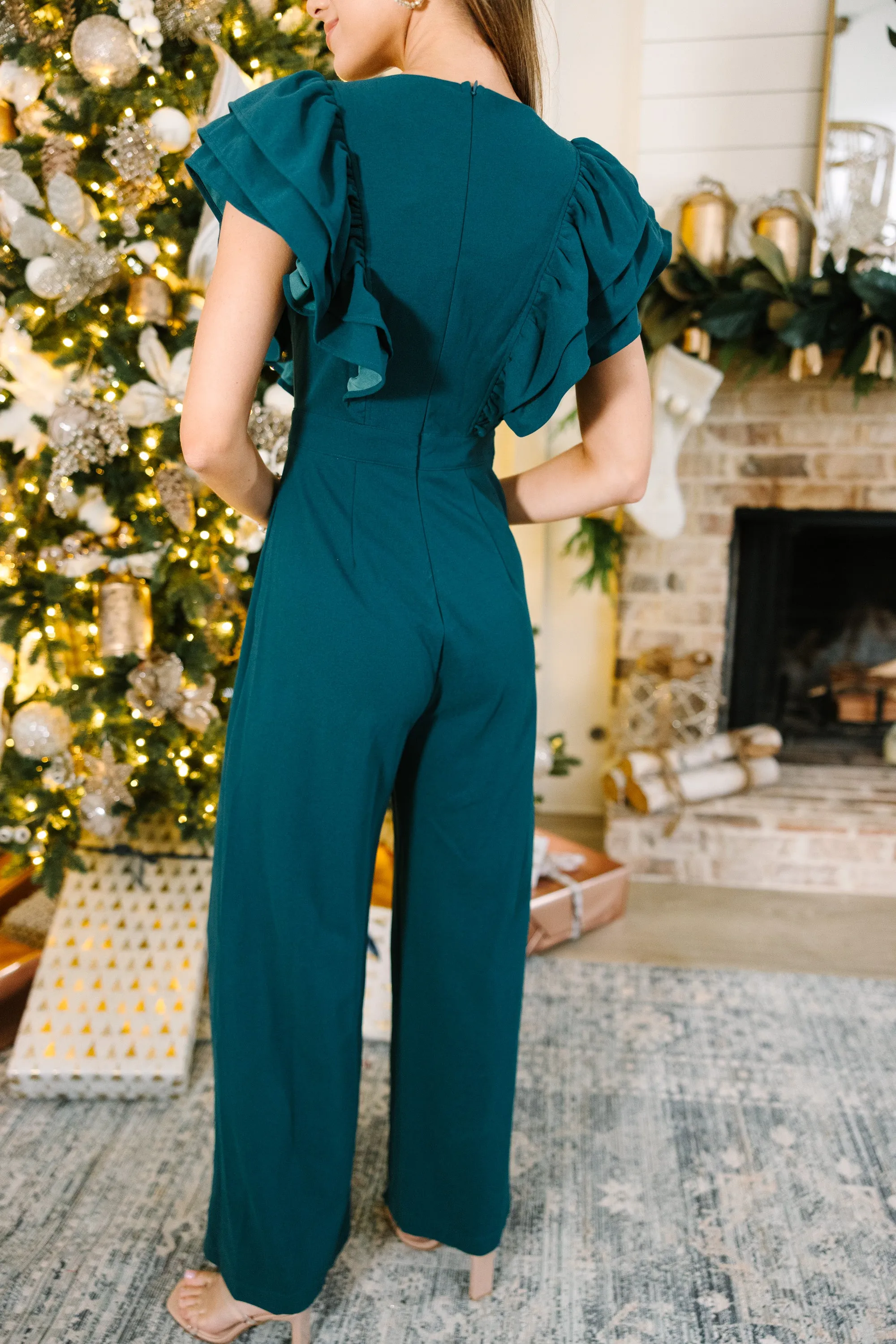 Time To Shine Hunter Green Ruffled Jumpsuit